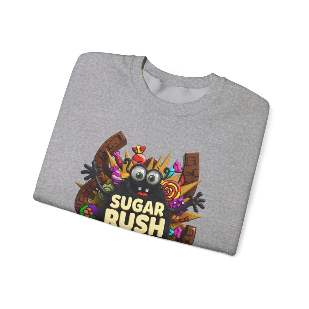 Sport Grey crewneck sweatshirt folded to show the fuzzy black monster with big googly eyes bursts out print