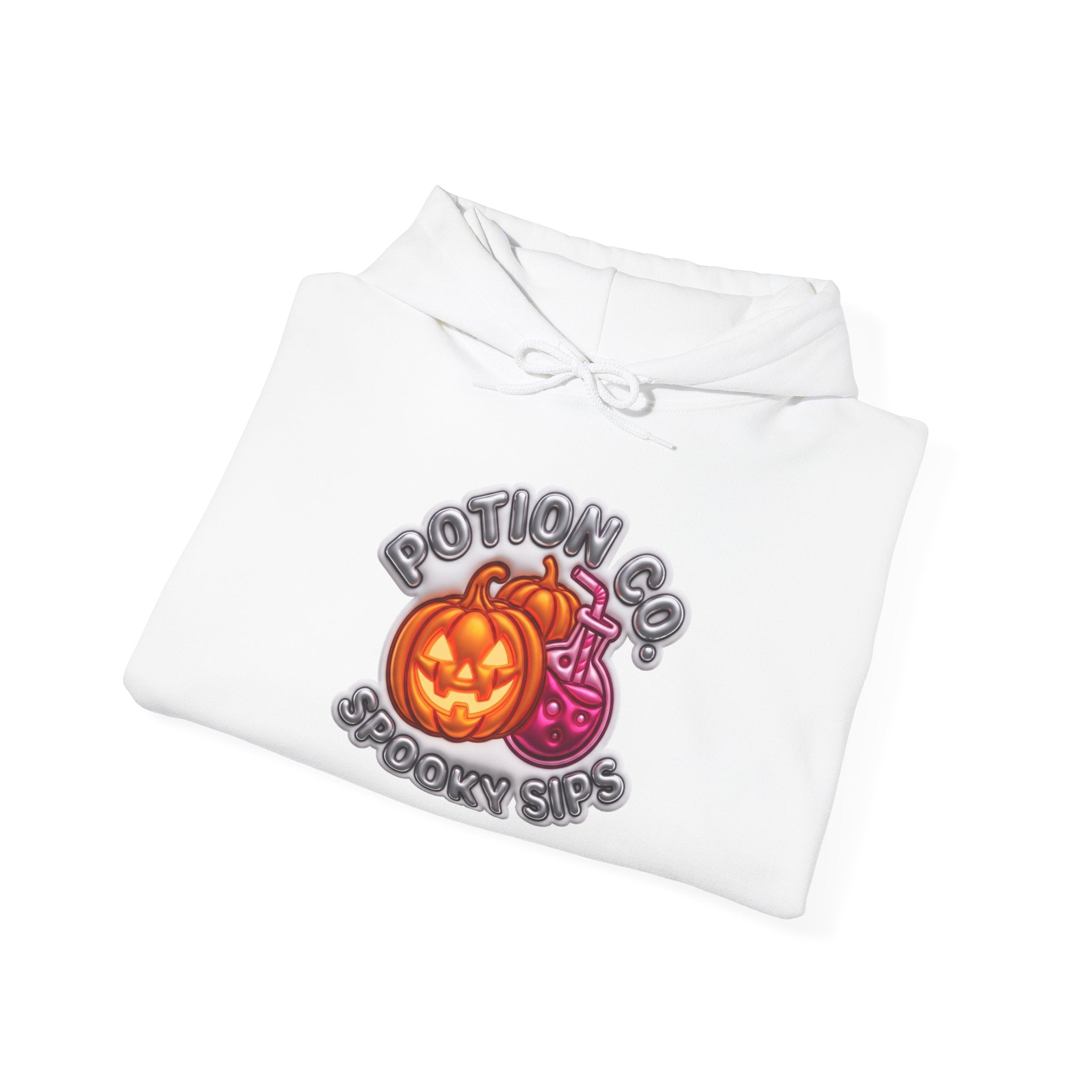 White hoodie styled flat with a candle — Potion Co jack-o-lanterns and potion bottles