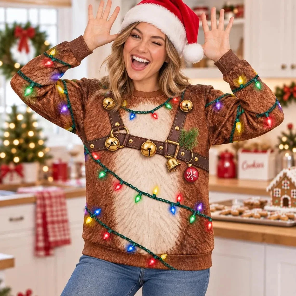 Funny Reindeer Costume Christmas Lights Ugly Sweater Sweatshirt