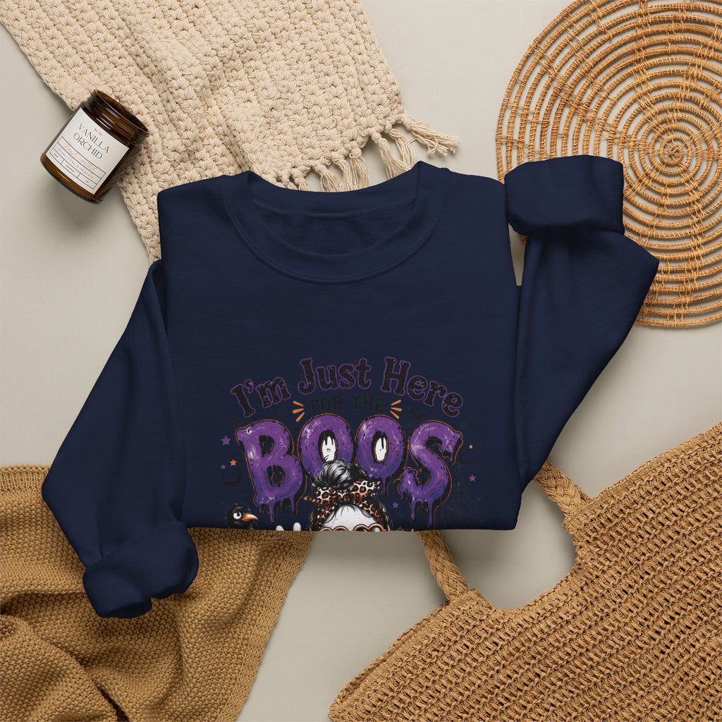 Navy crewneck sweatshirt styled flat with a candle — three cartoon ghosts in sunglasses