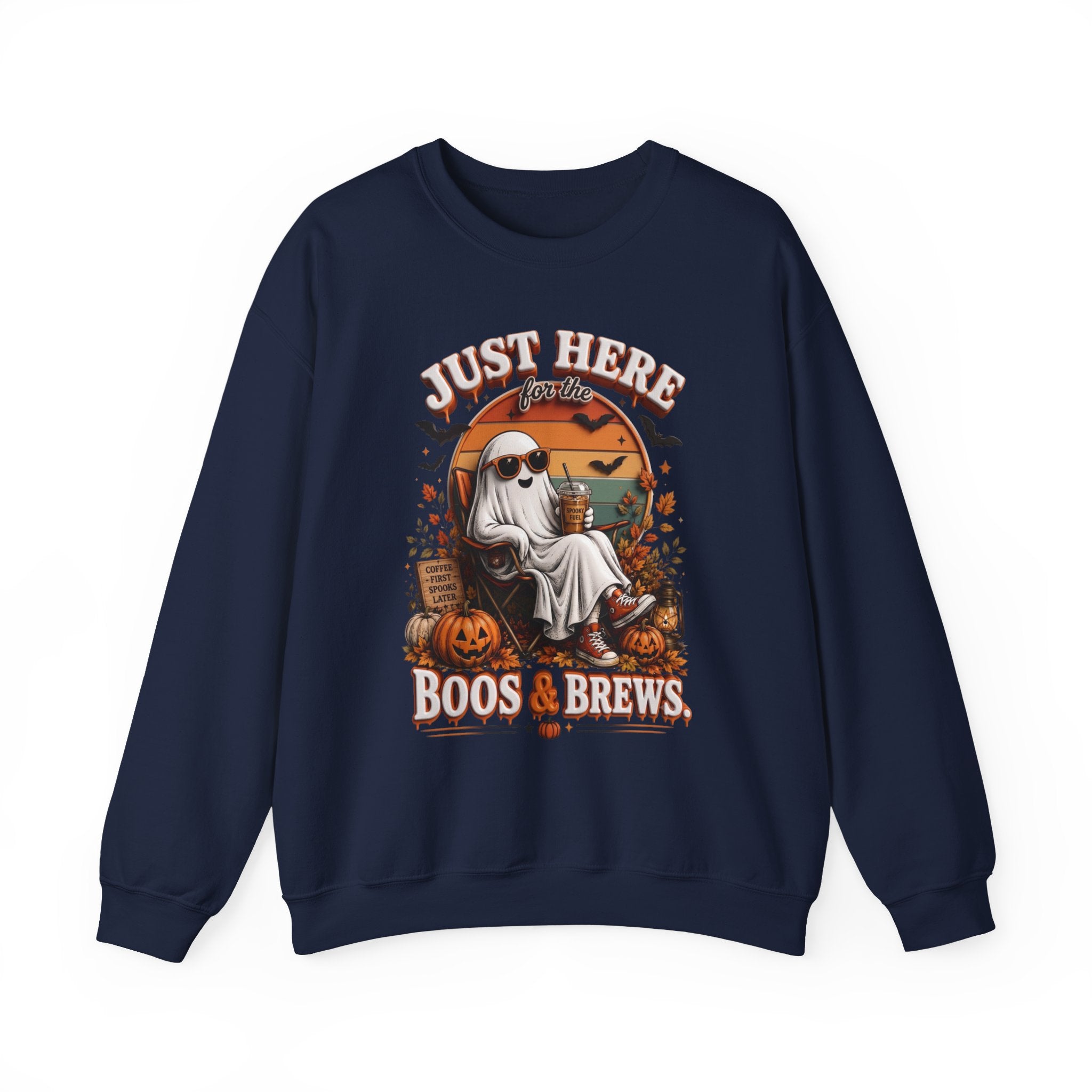 Navy crewneck sweatshirt laid flat, printed with a ghost in sunglasses kicks back with an iced coffee