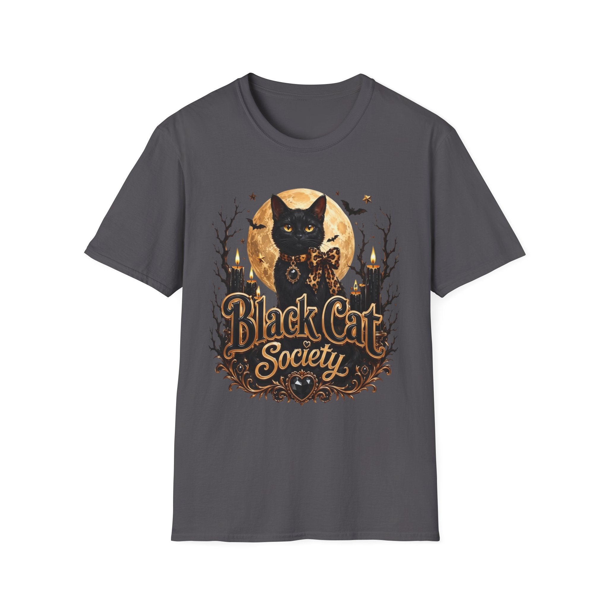 Charcoal t-shirt laid flat, printed with a black cat before a glowing full moon