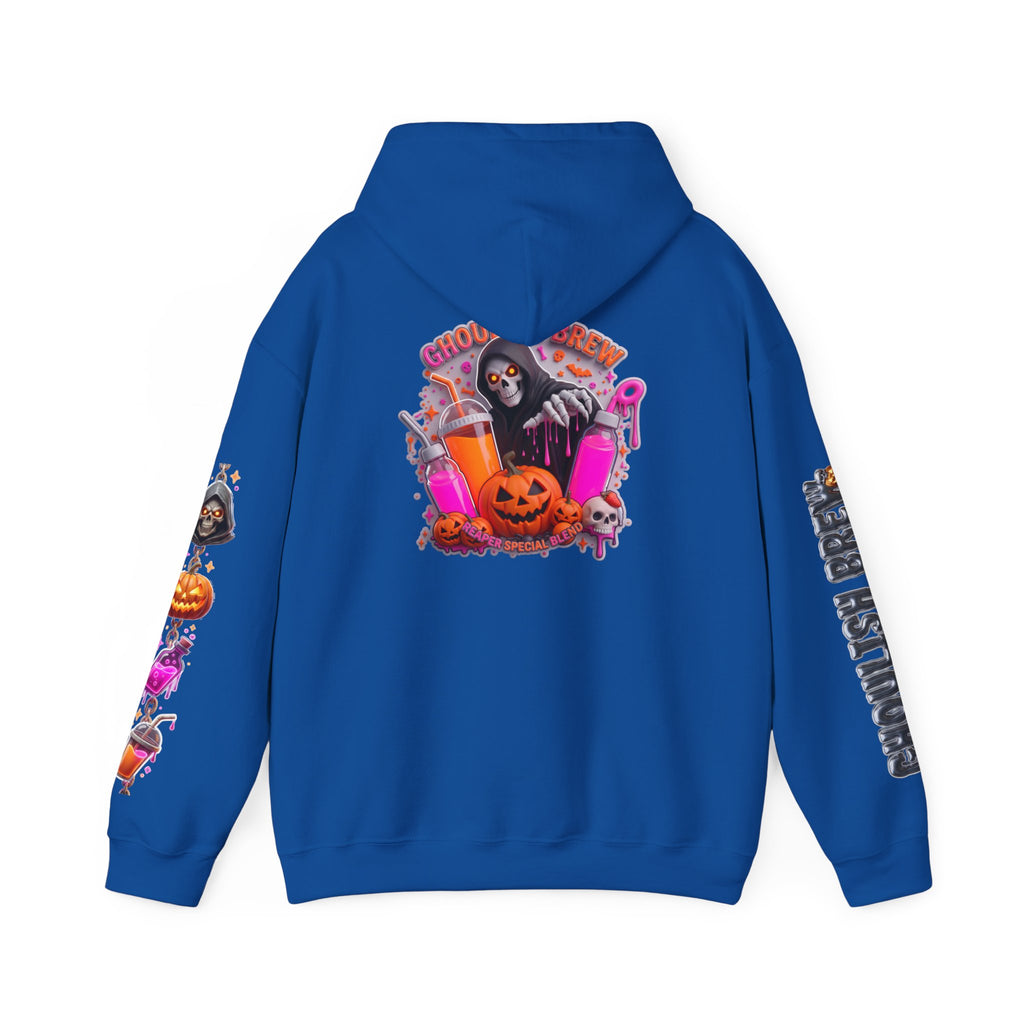 Royal hoodie, plain back — Potion Co jack-o-lanterns and potion bottles on the front