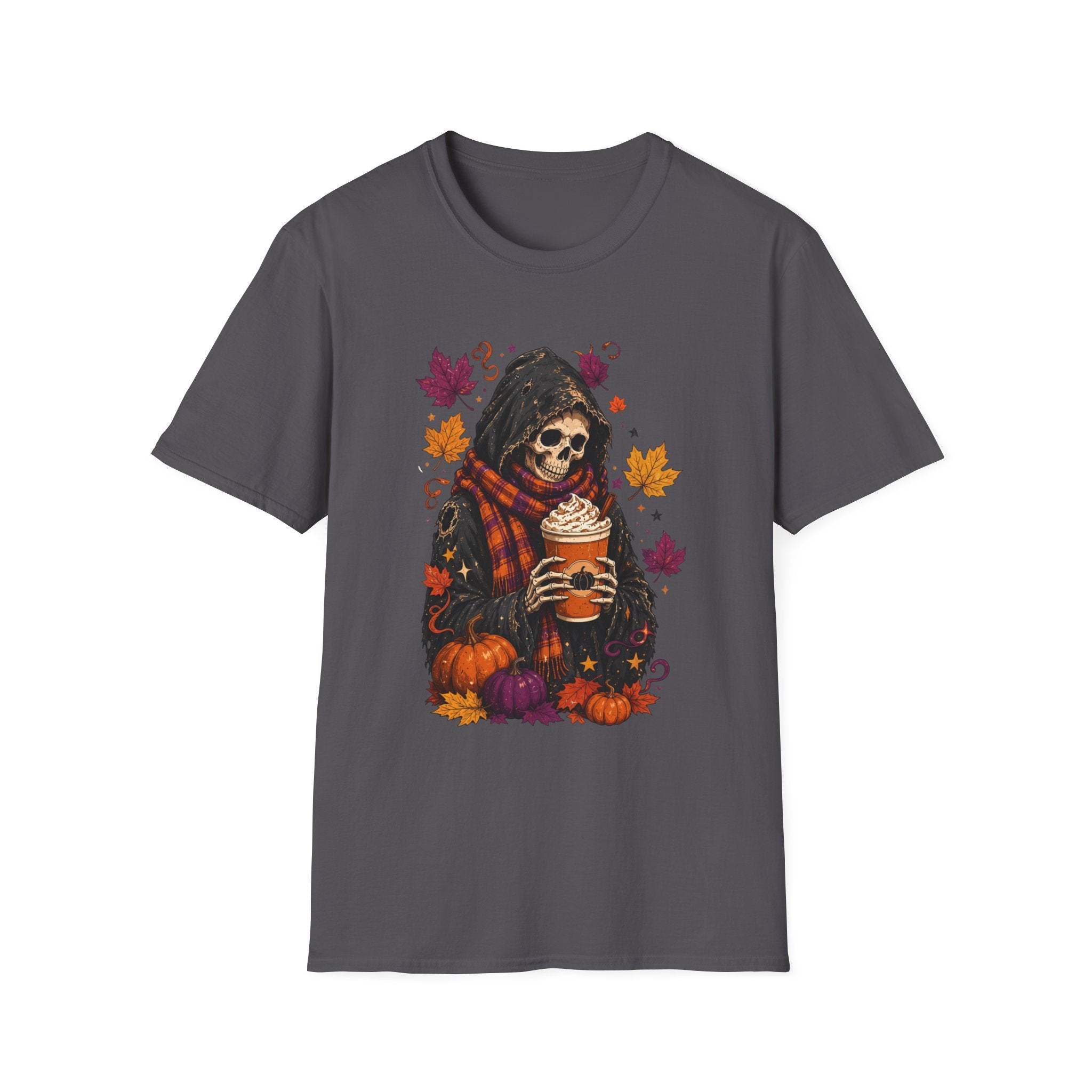 Charcoal t-shirt laid flat, printed with a hooded reaper holding a pumpkin spice drink among falling