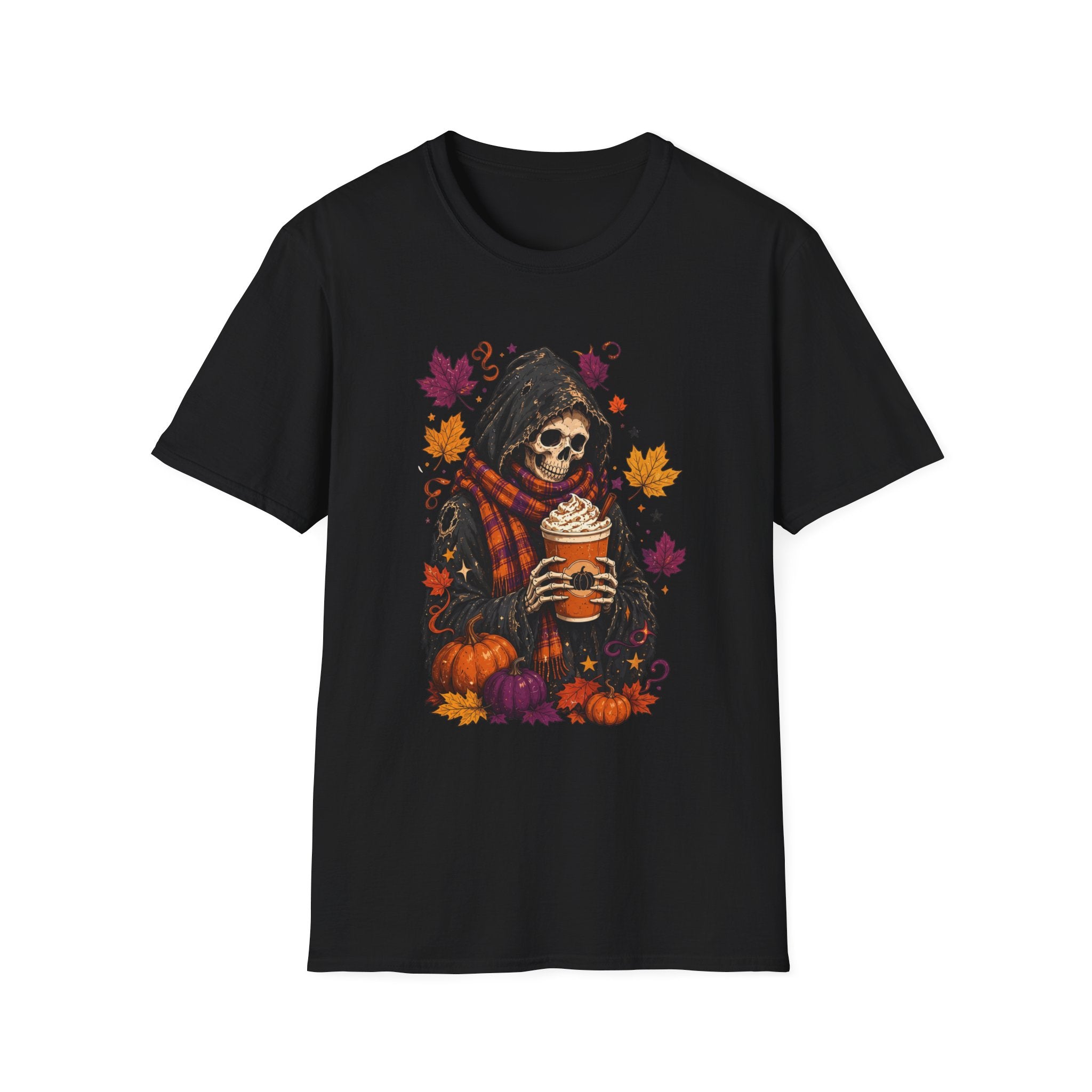Black t-shirt laid flat, printed with a hooded reaper holding a pumpkin spice drink among falling