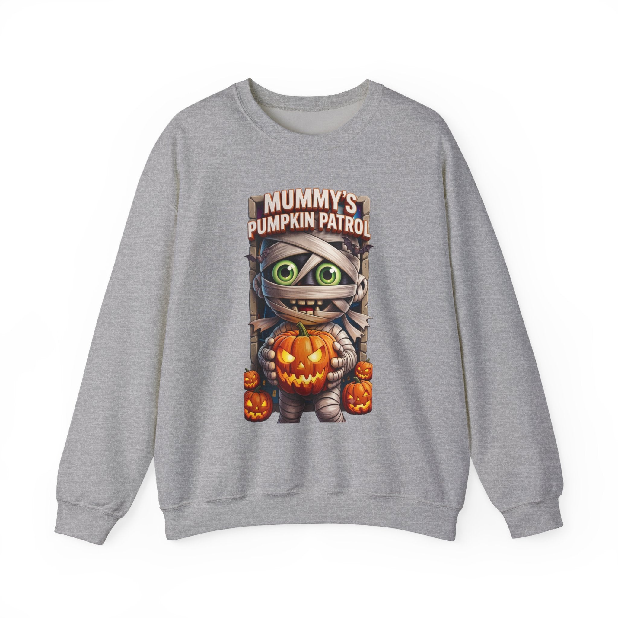Sport Grey crewneck sweatshirt laid flat, printed with a wide-eyed cartoon mummy wrapped in bandages hugs a carved