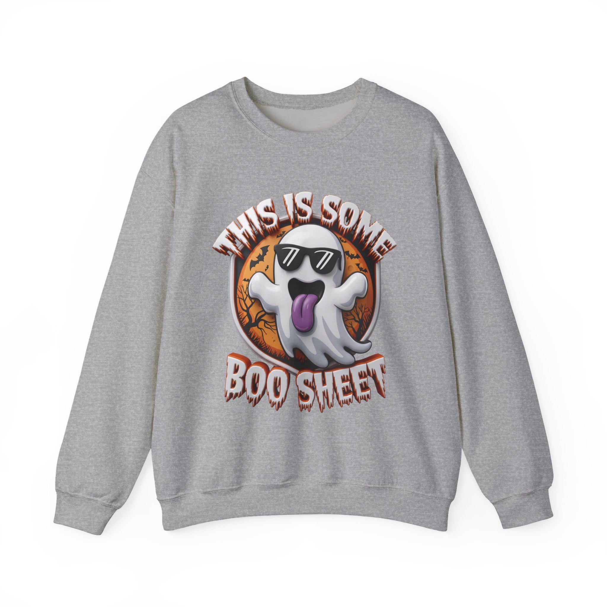 Sport Grey crewneck sweatshirt laid flat, printed with a cartoon ghost in dark sunglasses sticks its purple tongue