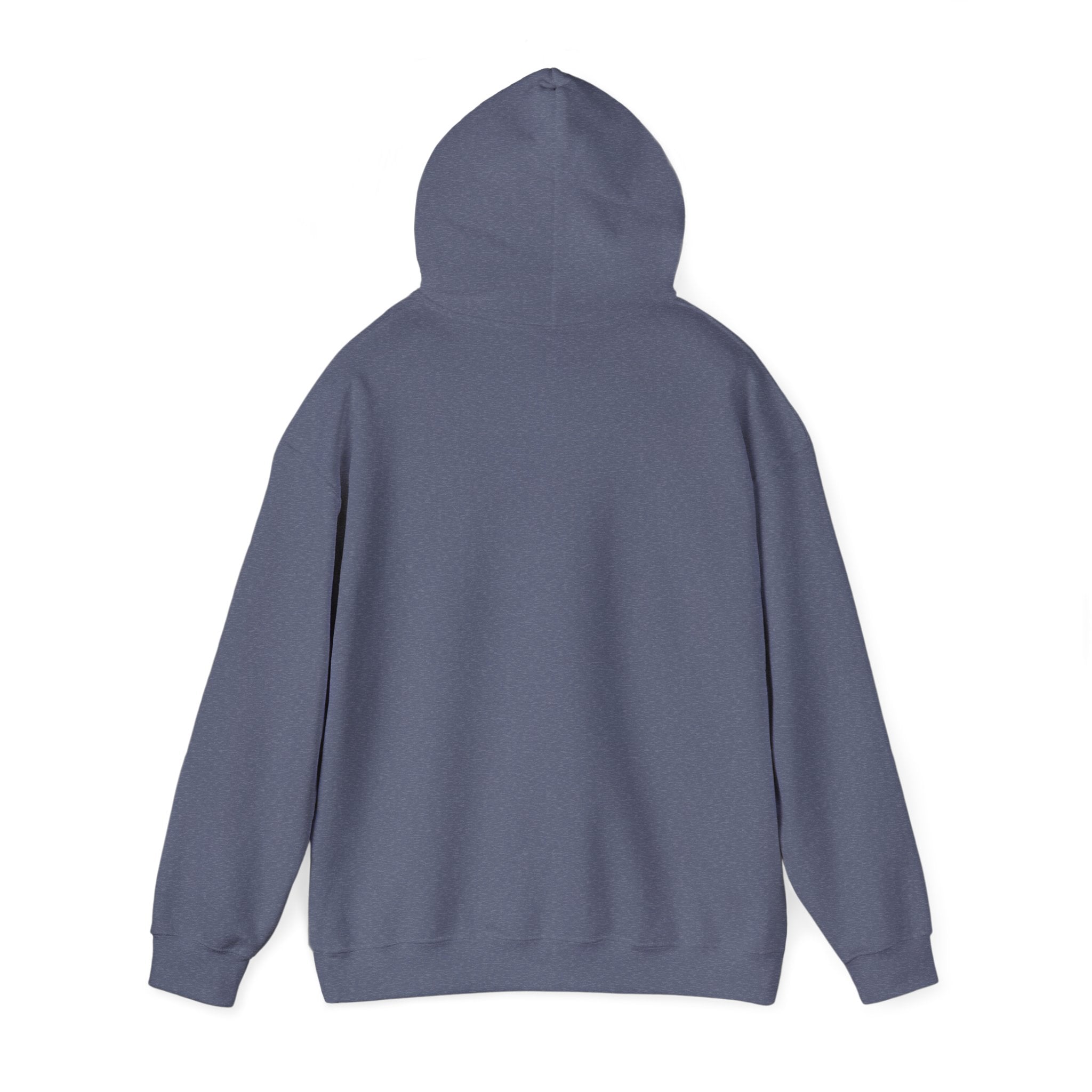 Heather Navy hoodie folded to show the sunset skeleton print centred on the chest print