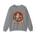 Graphite Heather crewneck sweatshirt laid flat, printed with a sheet ghost hugs a jack-o-lantern candy pail
