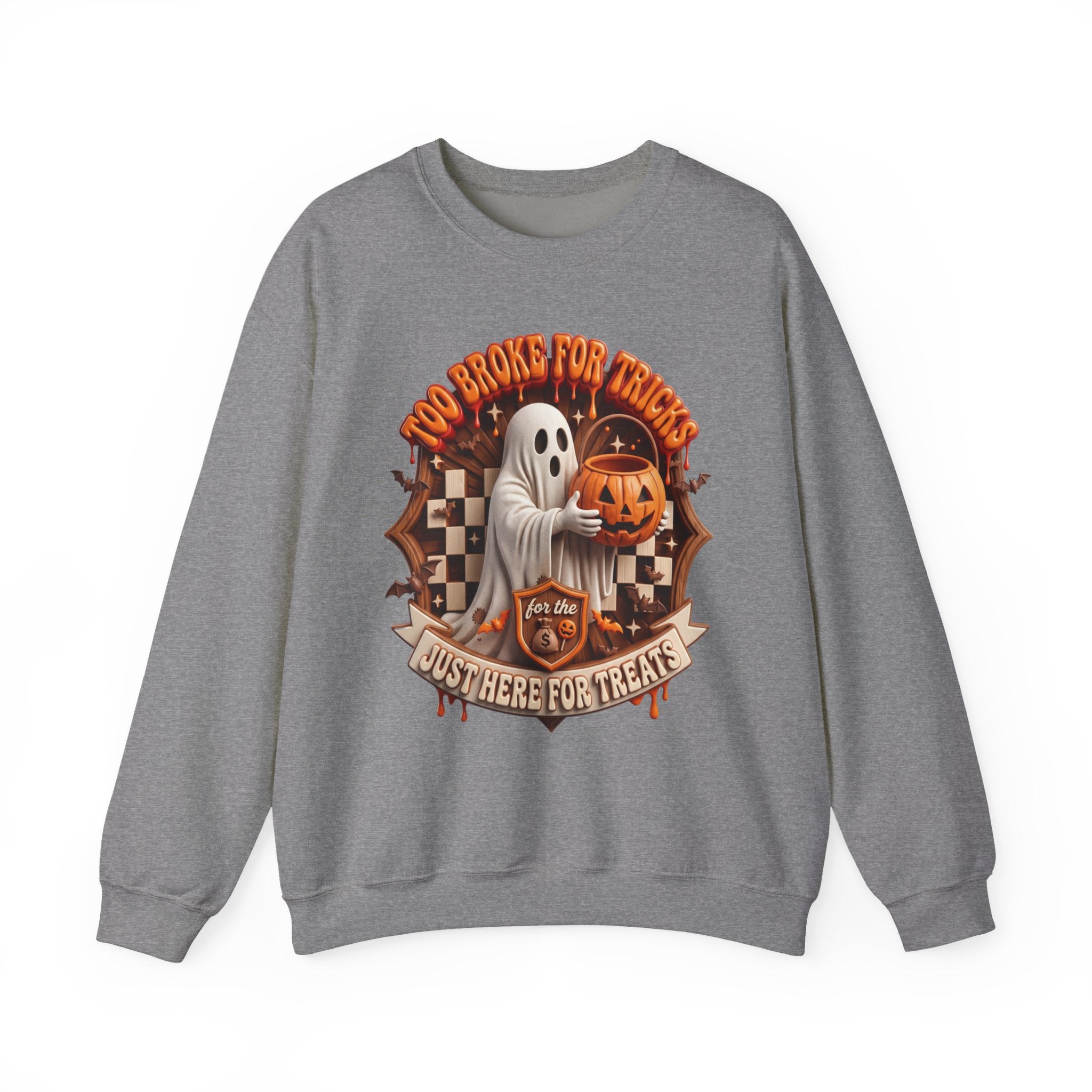 Graphite Heather crewneck sweatshirt laid flat, printed with a sheet ghost hugs a jack-o-lantern candy pail