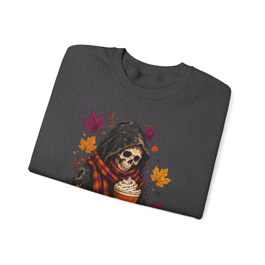 Dark Heather crewneck sweatshirt folded to show the hooded skeleton holding a pumpkin spice drink print