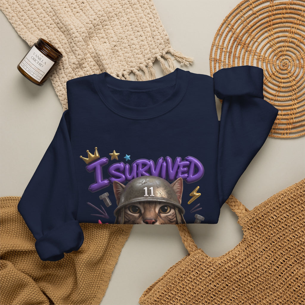 Navy crewneck sweatshirt styled flat with a candle — flat-eyed cat in a steel helmet