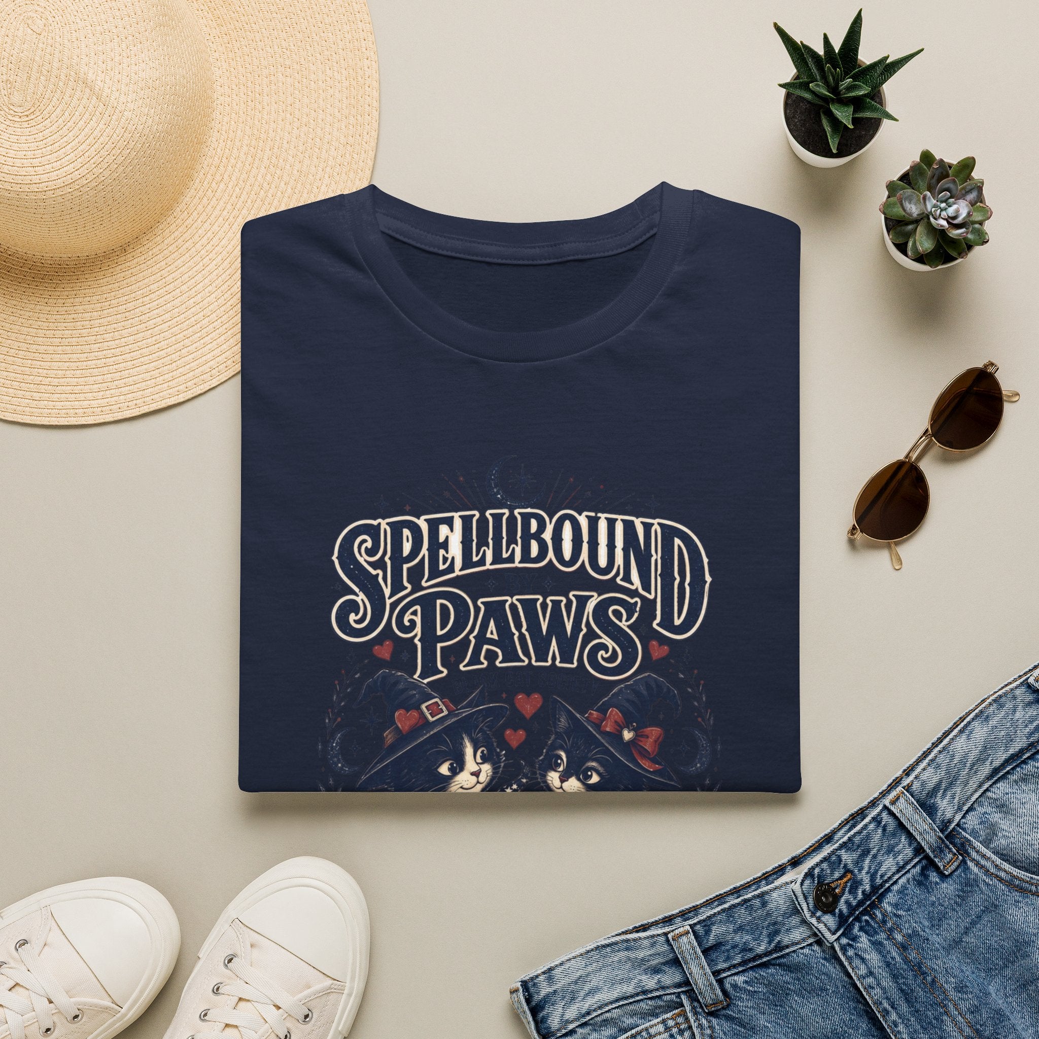 Navy t-shirt styled flat with a candle — two black cats in witch hats