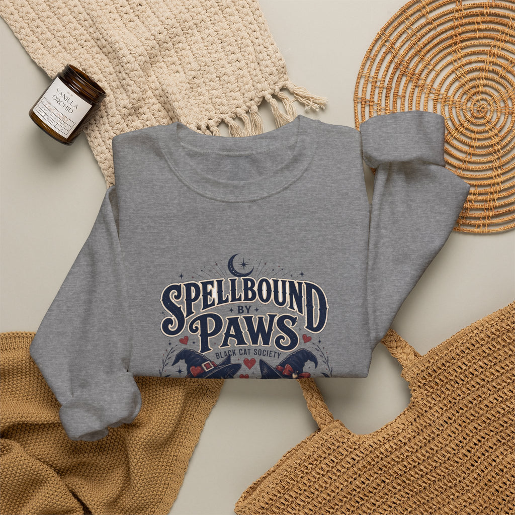 Graphite Heather crewneck sweatshirt styled flat with a candle — two black cats in witch hats