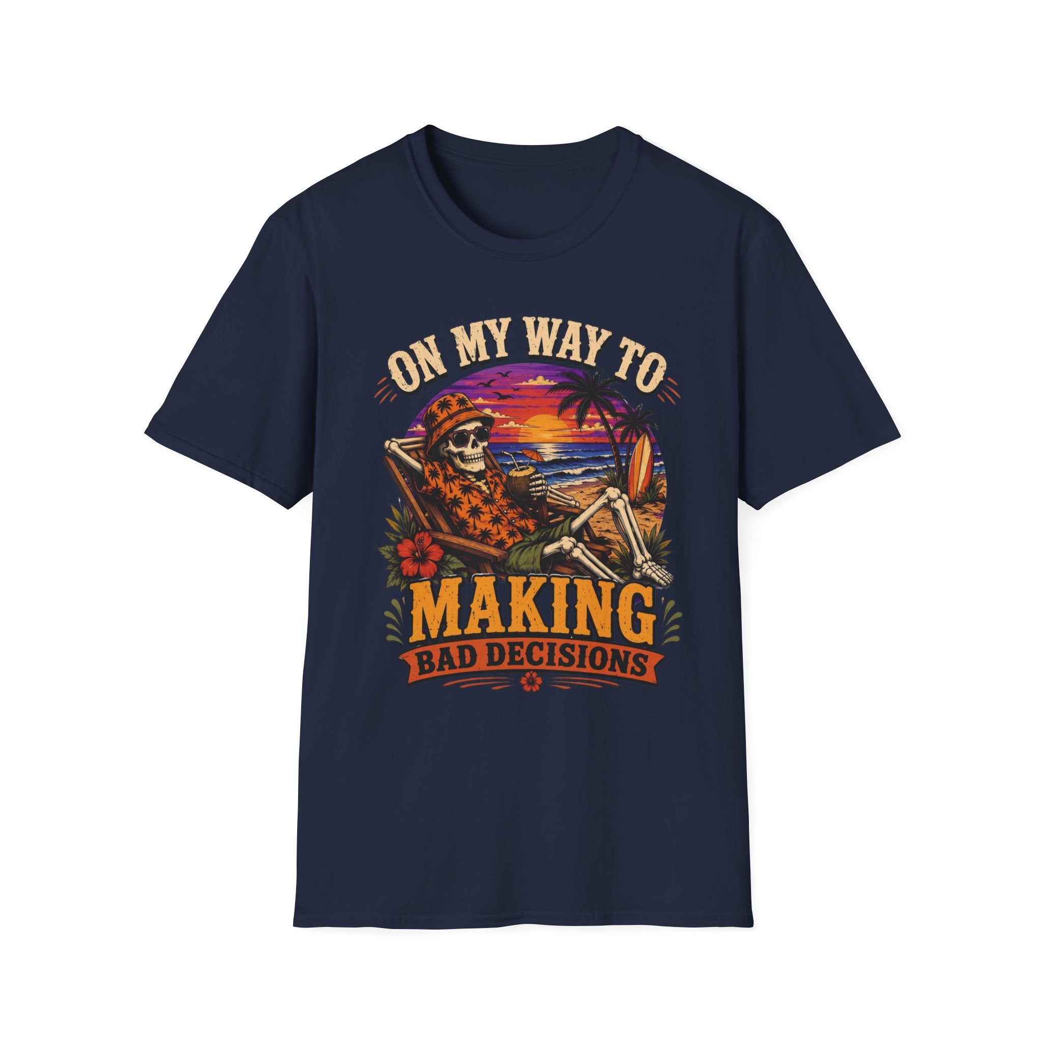 Navy t-shirt laid flat, printed with a skeleton lounging on a beach beneath a tropical sunset