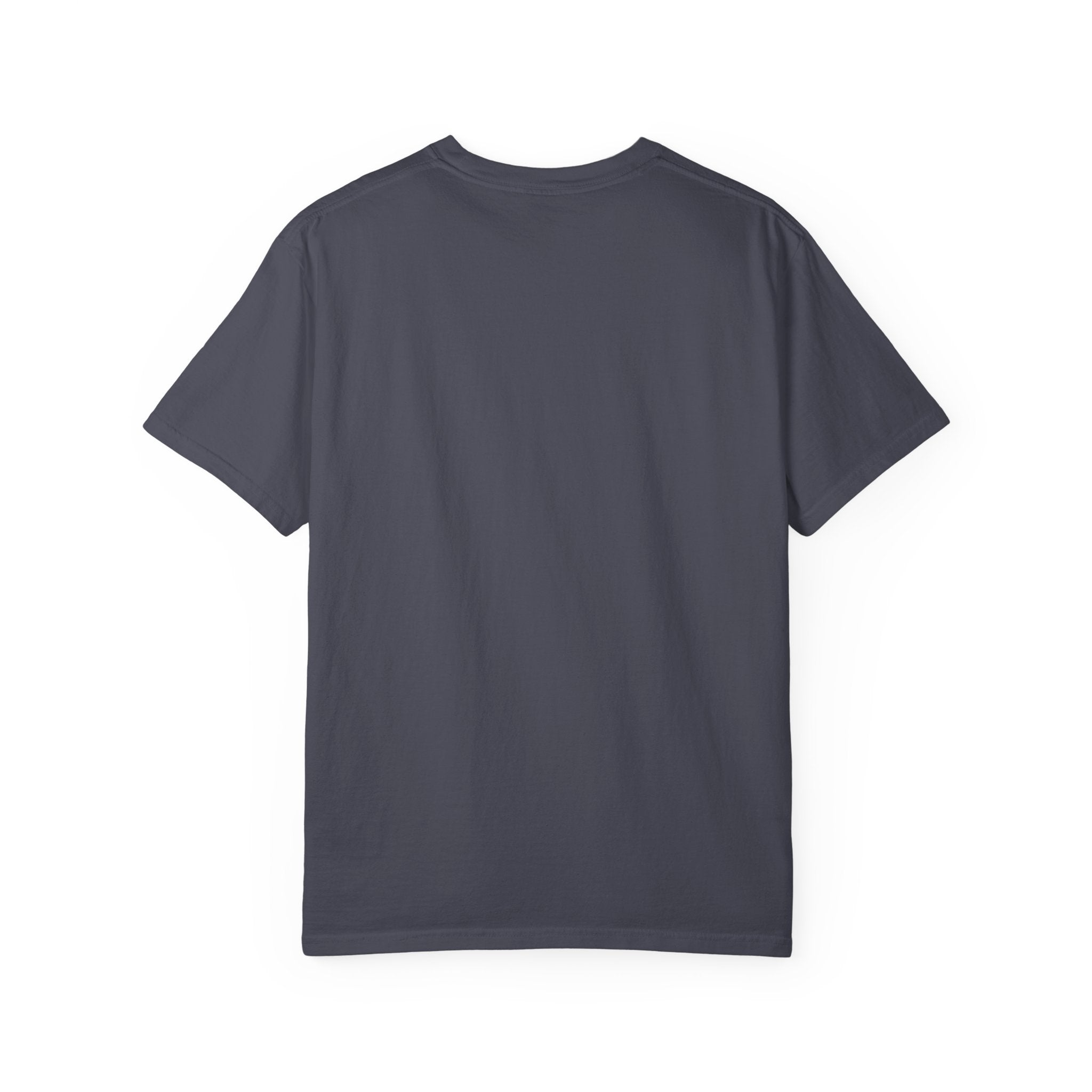Navy t-shirt, plain back — tall striped mug in retro collage on the front