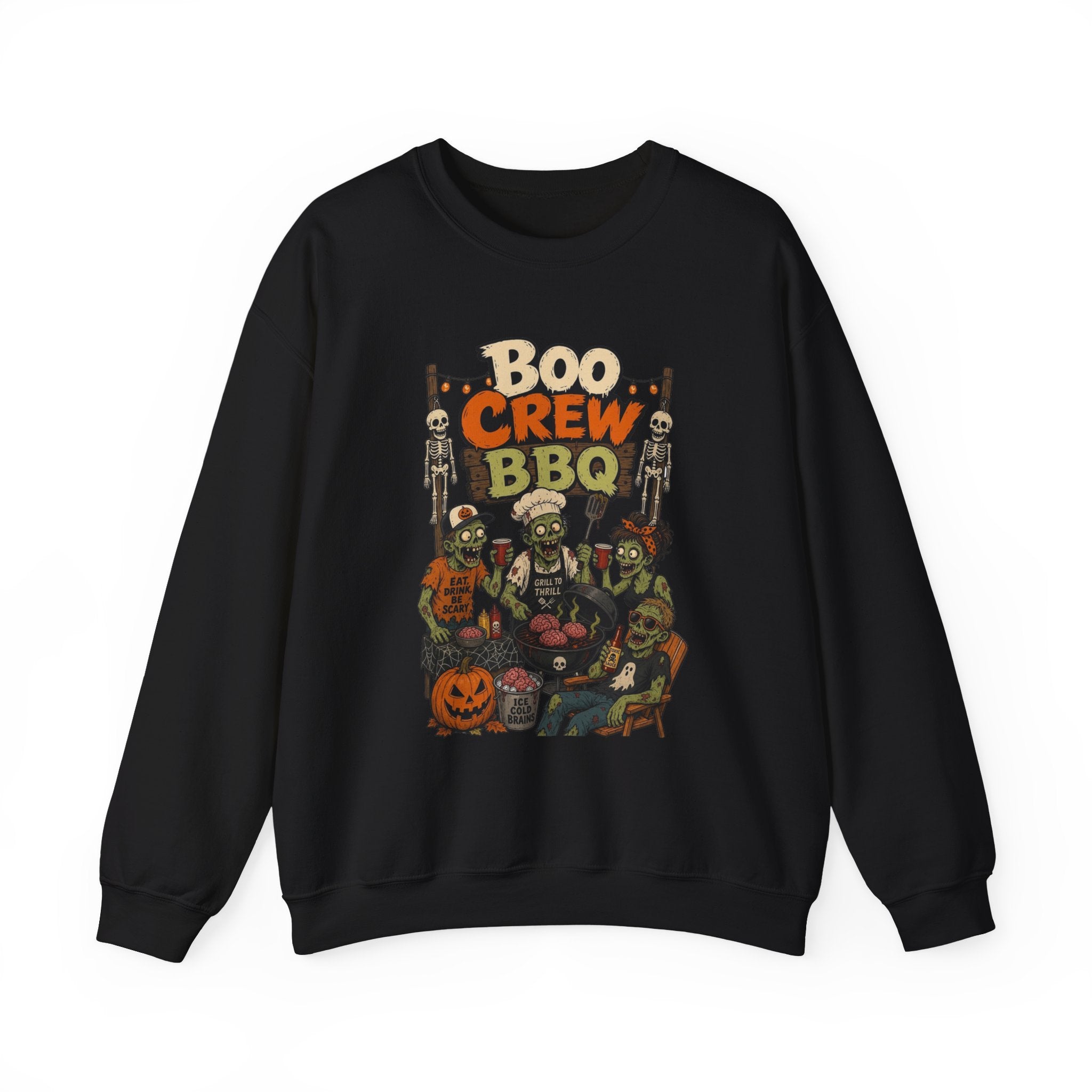 Black crewneck sweatshirt laid flat, printed with a skeletons and zombies working the grill under a hand-painted