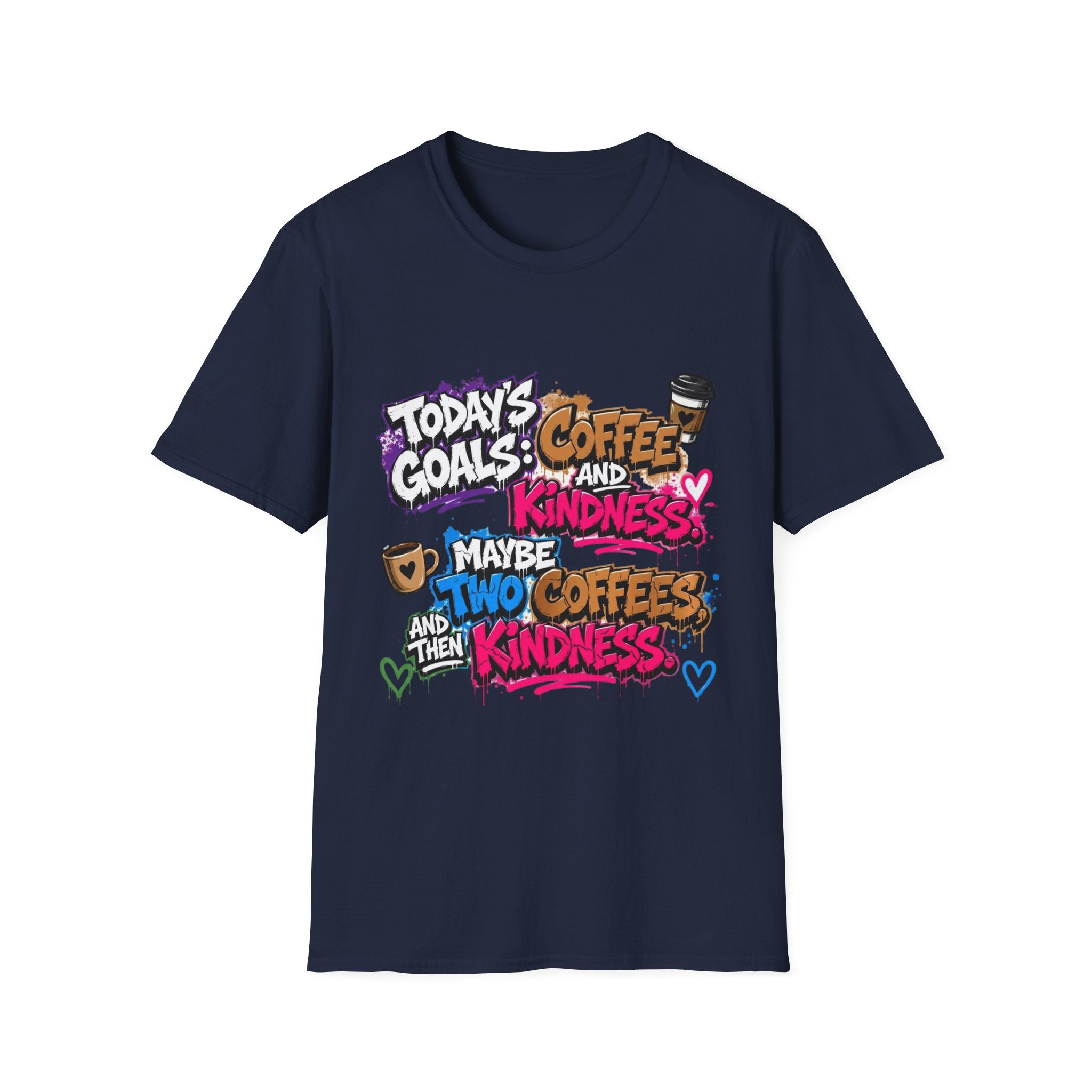 Navy t-shirt laid flat, printed with a stacked graffiti lettering in electric pinks