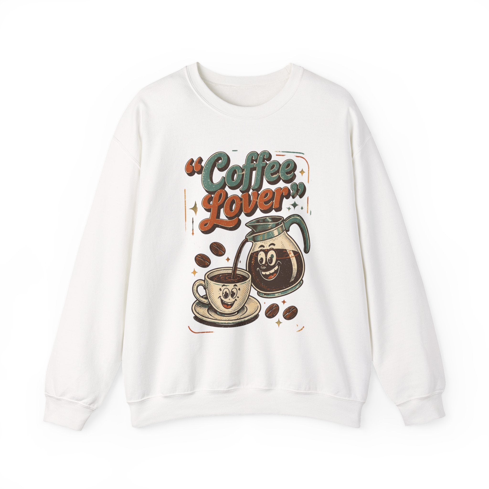 White crewneck sweatshirt laid flat, printed with a retro coffee pot