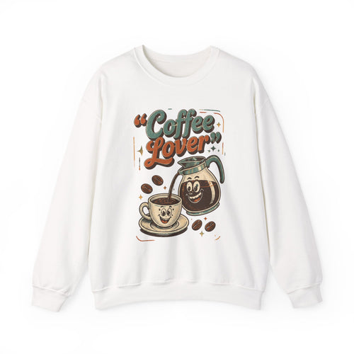 White crewneck sweatshirt laid flat, printed with a retro coffee pot