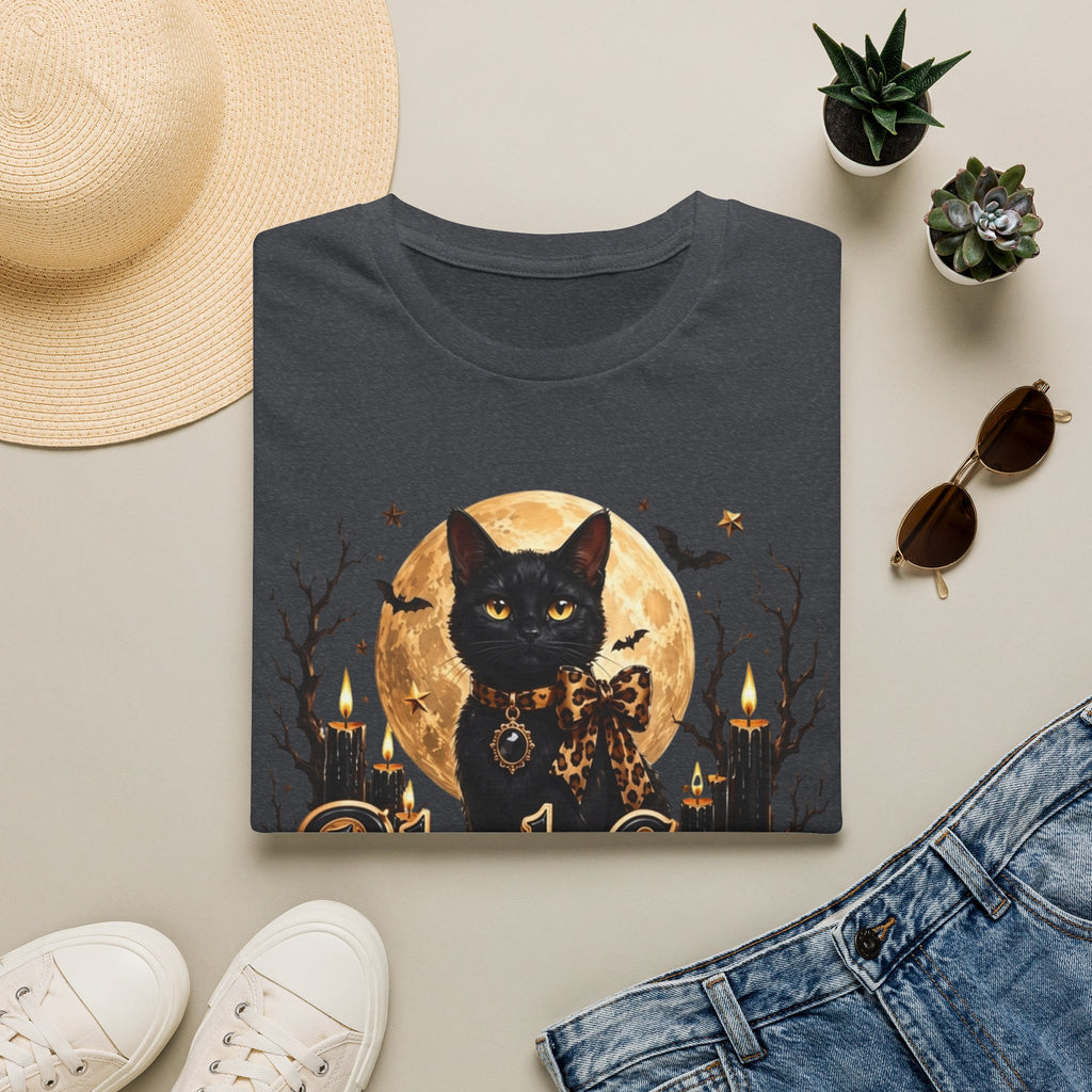 Dark Heather Grey t-shirt printed with a black cat before a glowing full moon, view 17