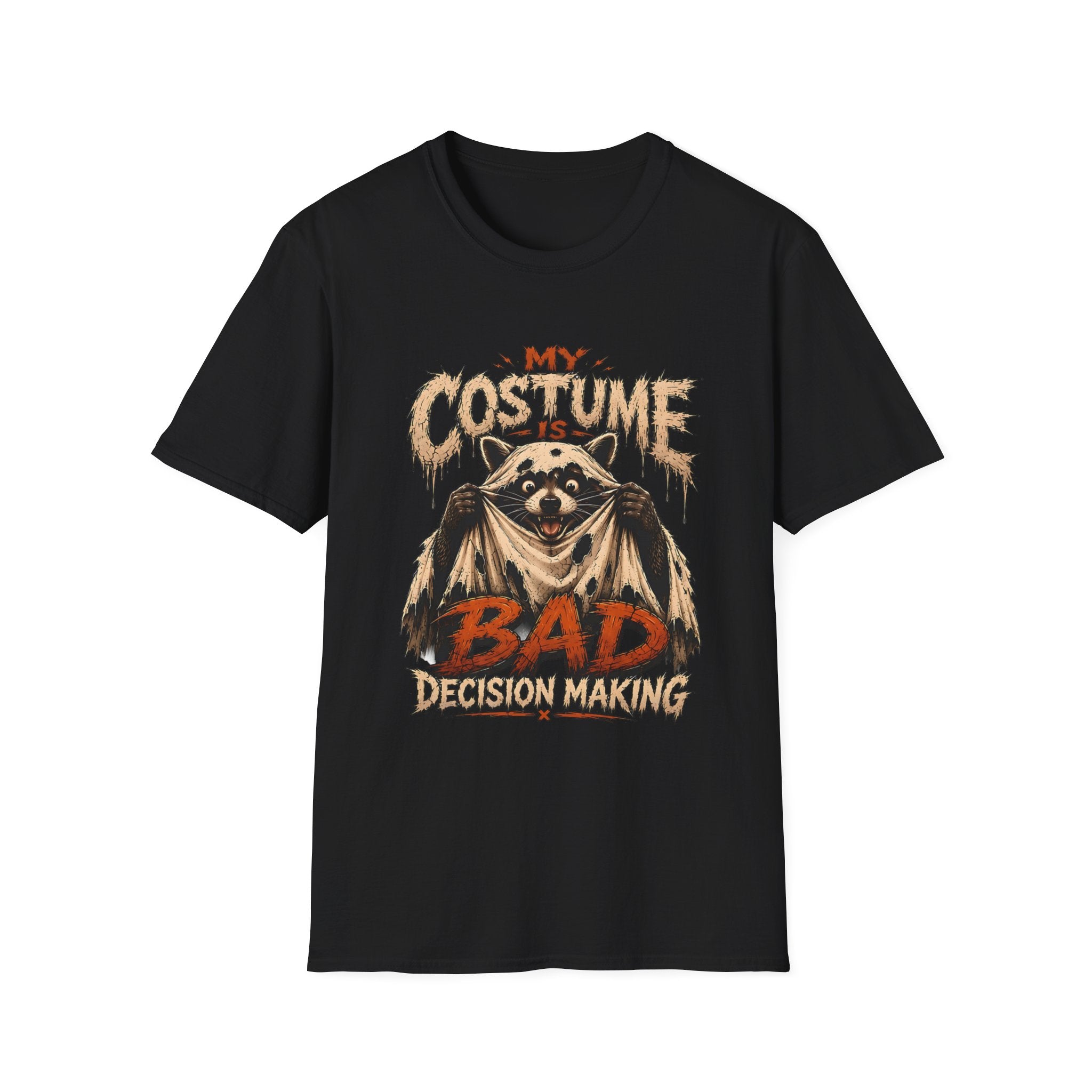 Black t-shirt laid flat, printed with a wide-eyed raccoon holding open a shabby fur cape as