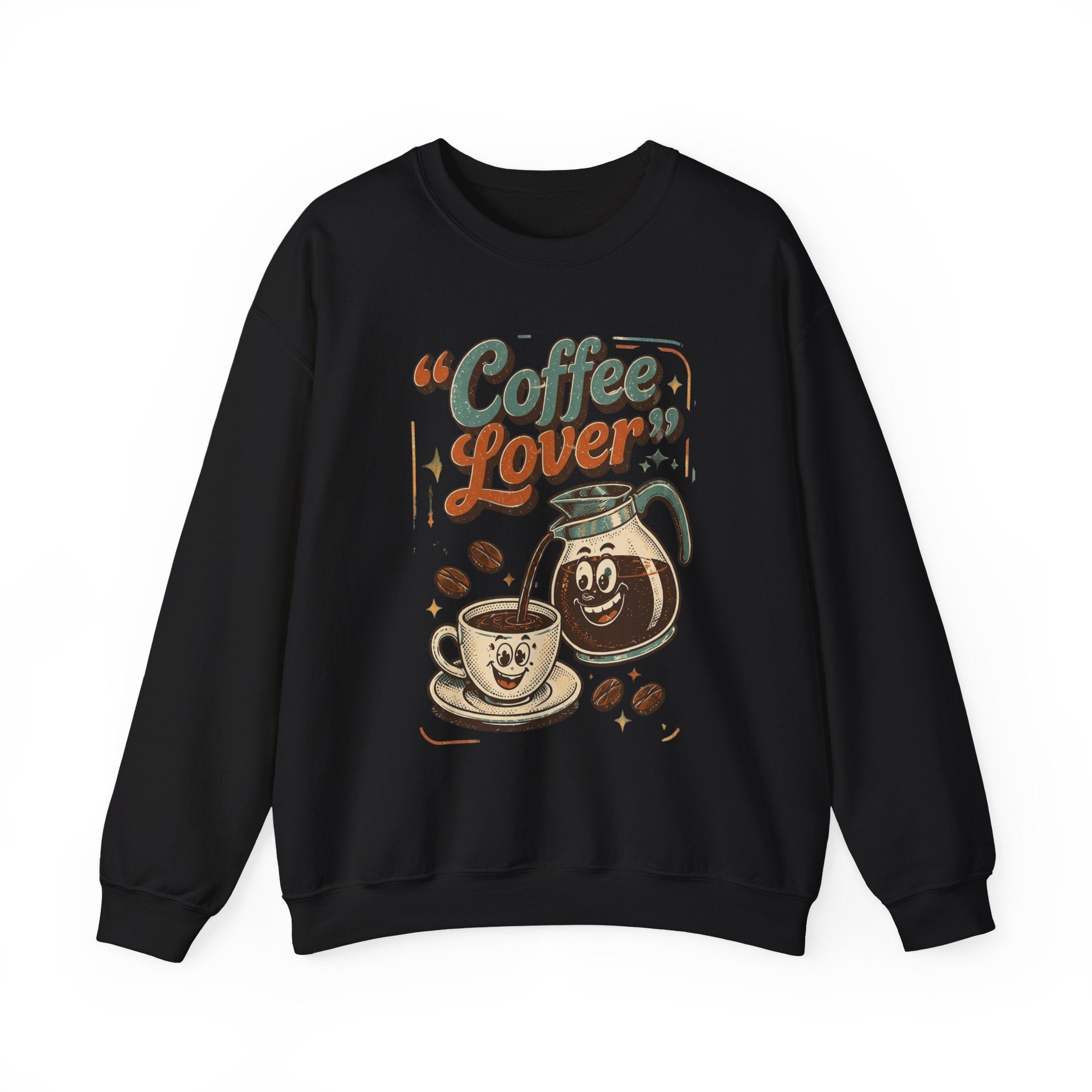 Black crewneck sweatshirt laid flat, printed with a retro coffee pot