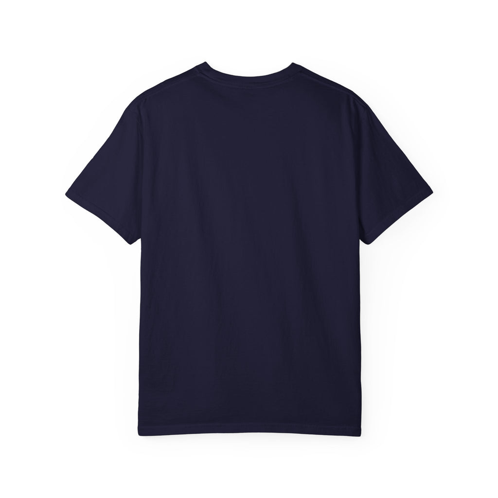 True Navy t-shirt, plain back — tall striped mug in retro collage on the front