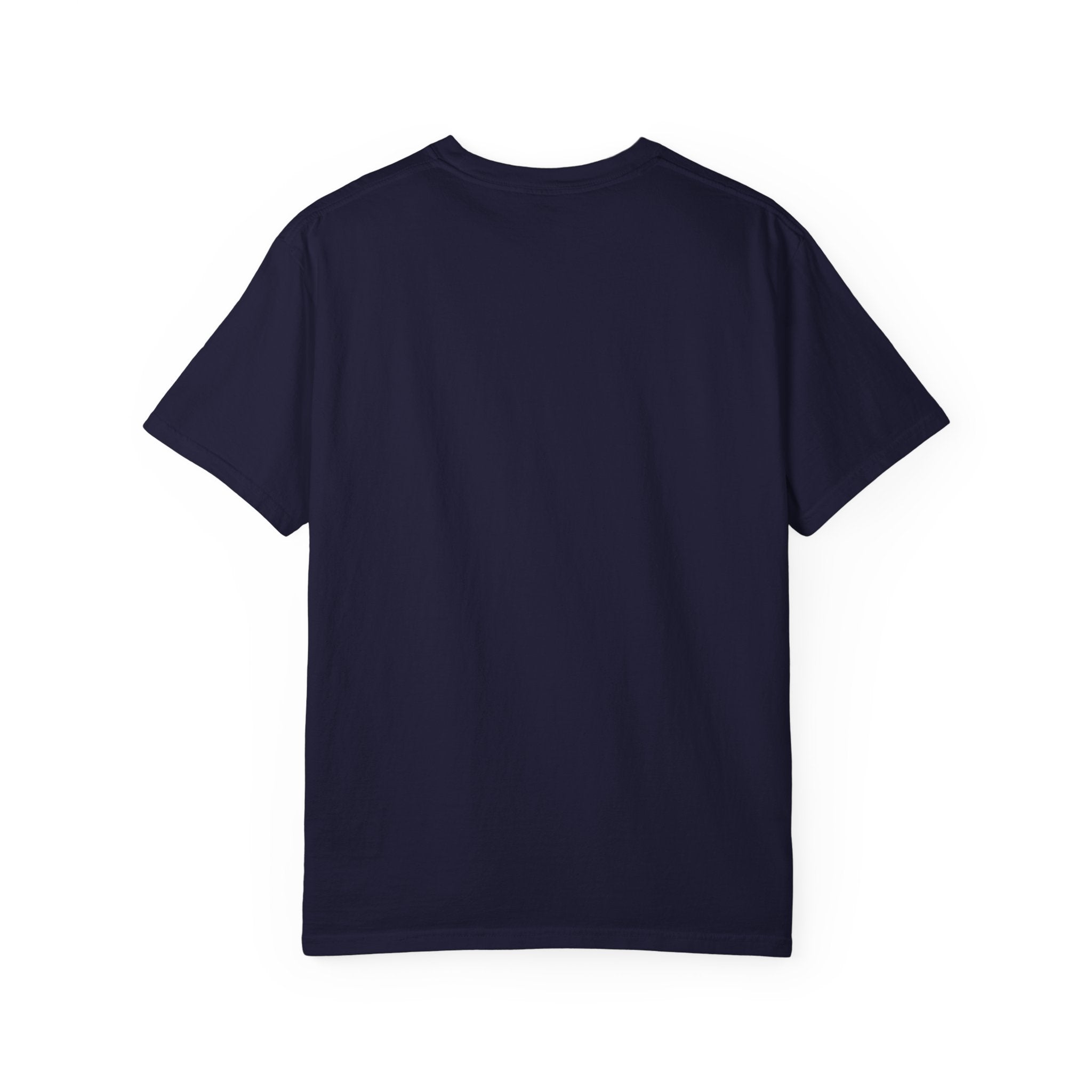 True Navy t-shirt, plain back — tall striped mug in retro collage on the front