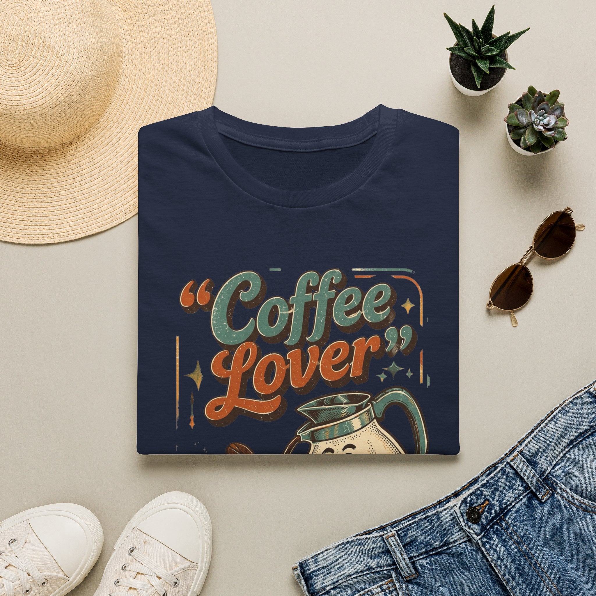Navy t-shirt styled flat with a candle — retro coffee pot and steaming cup