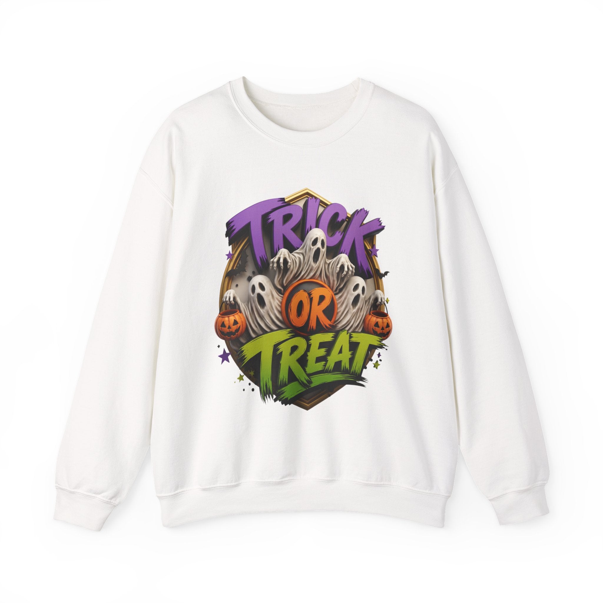 White crewneck sweatshirt laid flat, printed with a huddle of wide-mouthed ghosts rises between two carved pumpkins