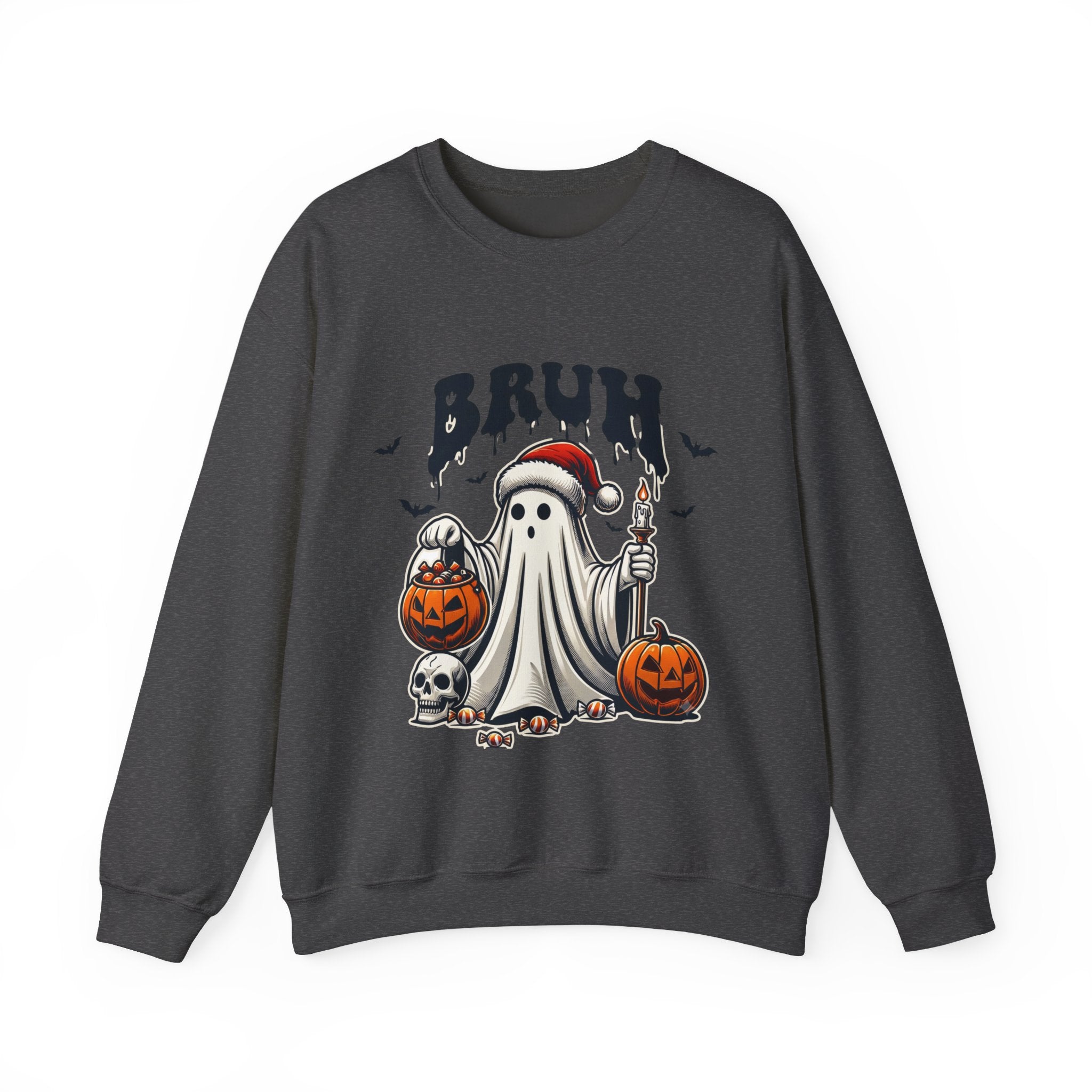 Dark Heather crewneck sweatshirt laid flat, printed with a bats above