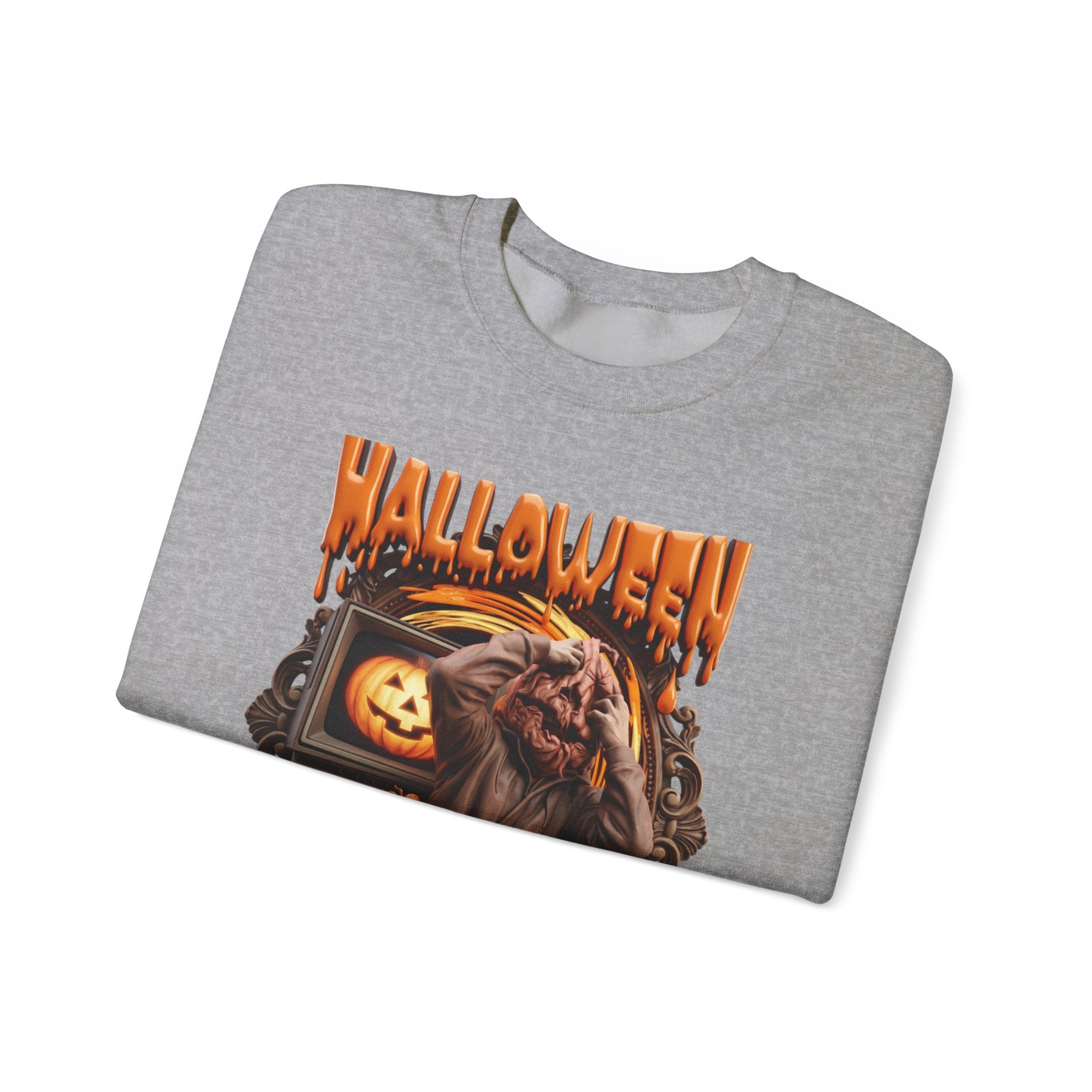 Sport Grey crewneck sweatshirt folded to show the hunched monster claws at its own head print