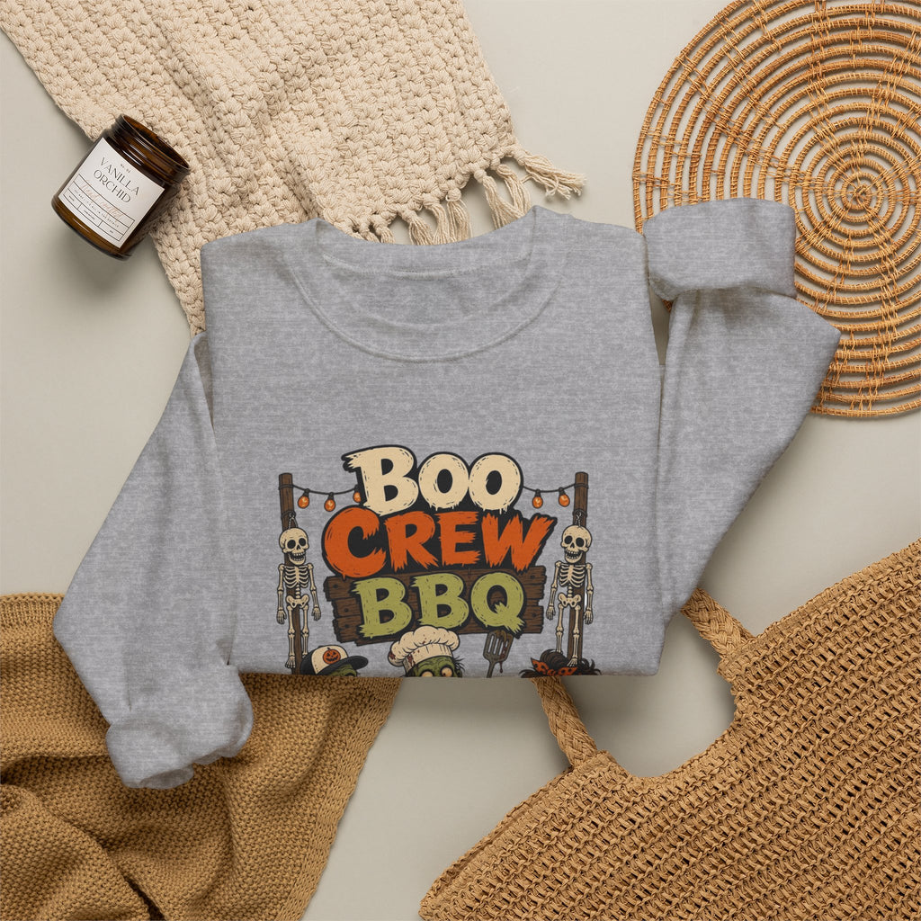 Sport Grey crewneck sweatshirt styled flat with a candle — skeletons and zombies at the grill