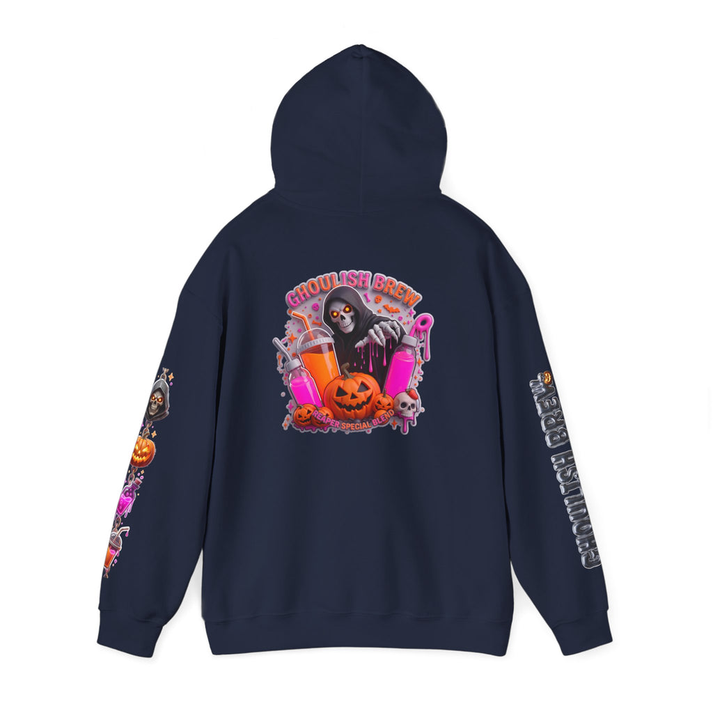 Navy hoodie folded to show the potion co. halloween graphic of jack-o-lanterns and potion bottles print