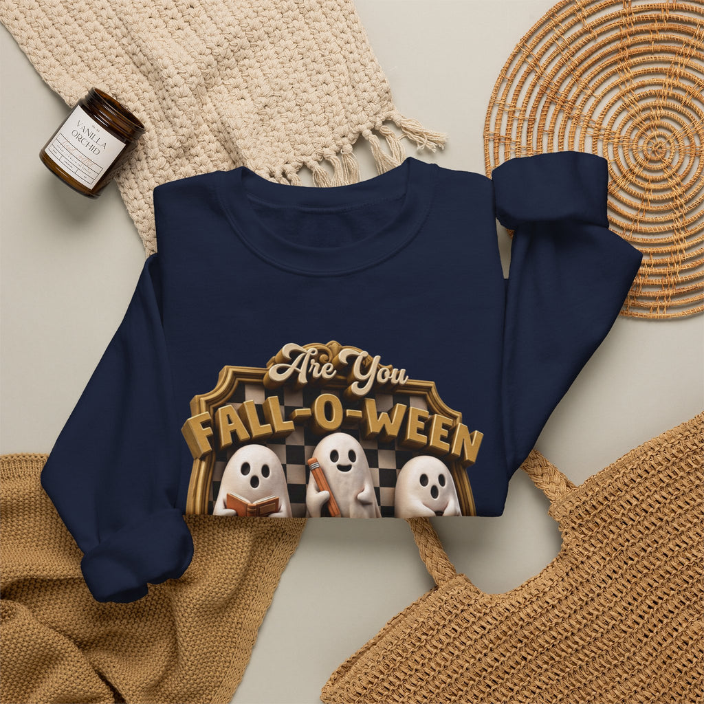 Navy crewneck sweatshirt styled flat with a candle — three sheet ghosts reading a book