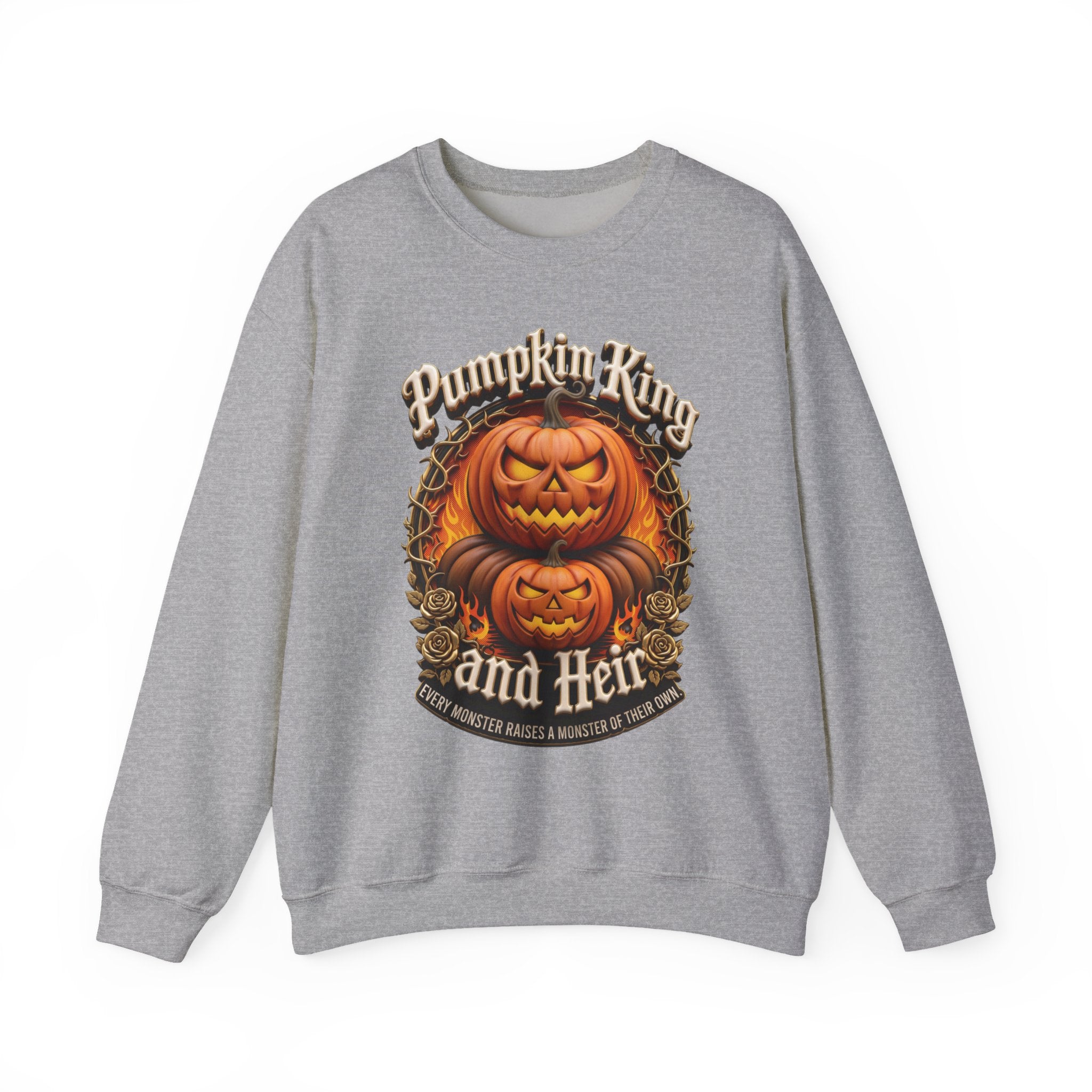 Sport Grey crewneck sweatshirt laid flat, printed with a two fierce jack-o-lanterns stack up inside a thorny wreath
