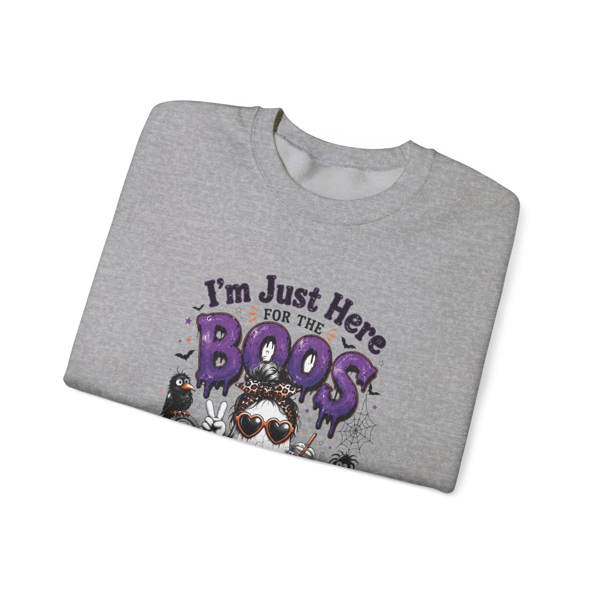 Sport Grey crewneck sweatshirt folded to show the three cartoon ghosts in sunglasses print
