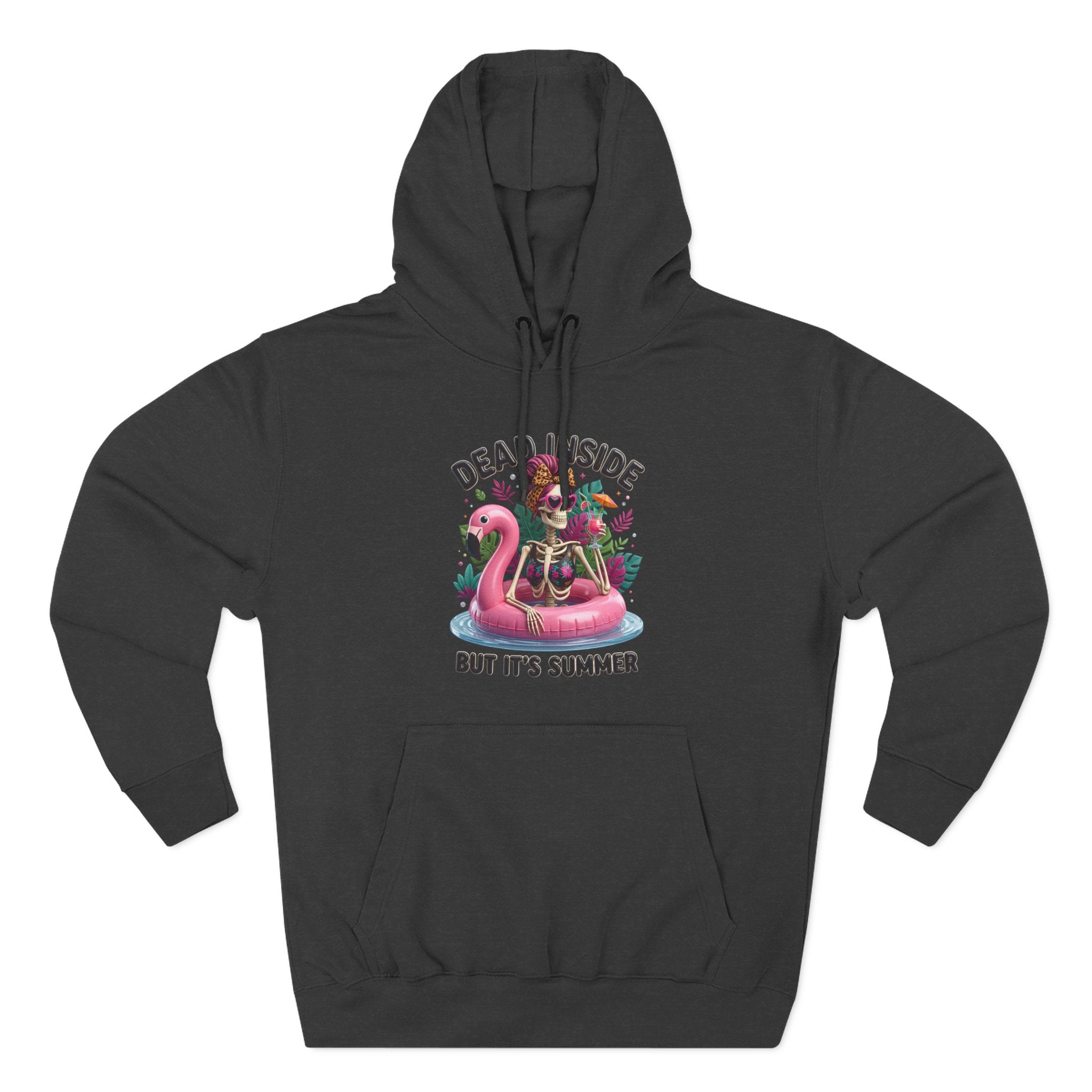 Charcoal Heather hoodie laid flat, printed with a deadpan summer joke for people who run cold