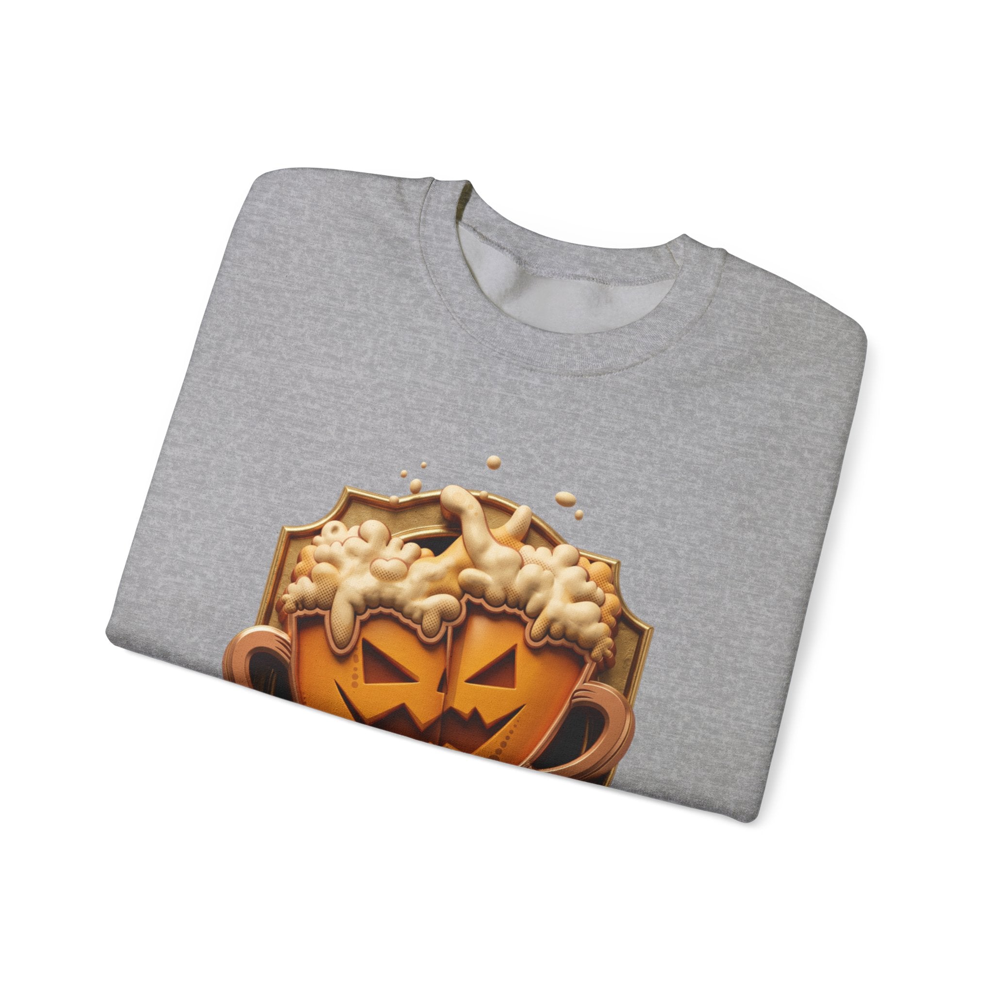 Sport Grey crewneck sweatshirt folded to show the two frothy beer mugs carved with jack-o-lantern faces clink print