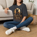 Dark Heather Grey t-shirt laid flat, printed with a black cat before a glowing full moon