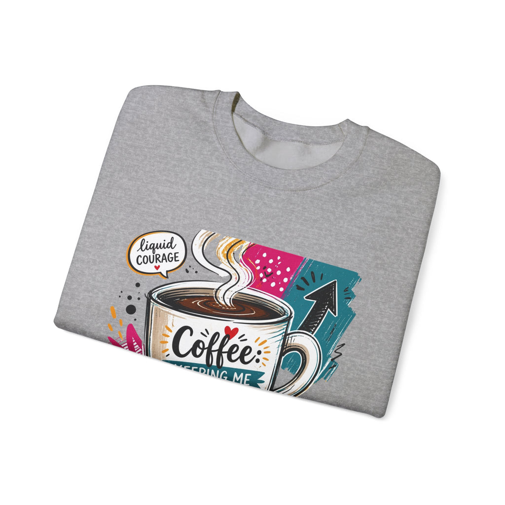 Sport Grey crewneck sweatshirt folded to show the striped coffee mug in a retro paper collage reading print