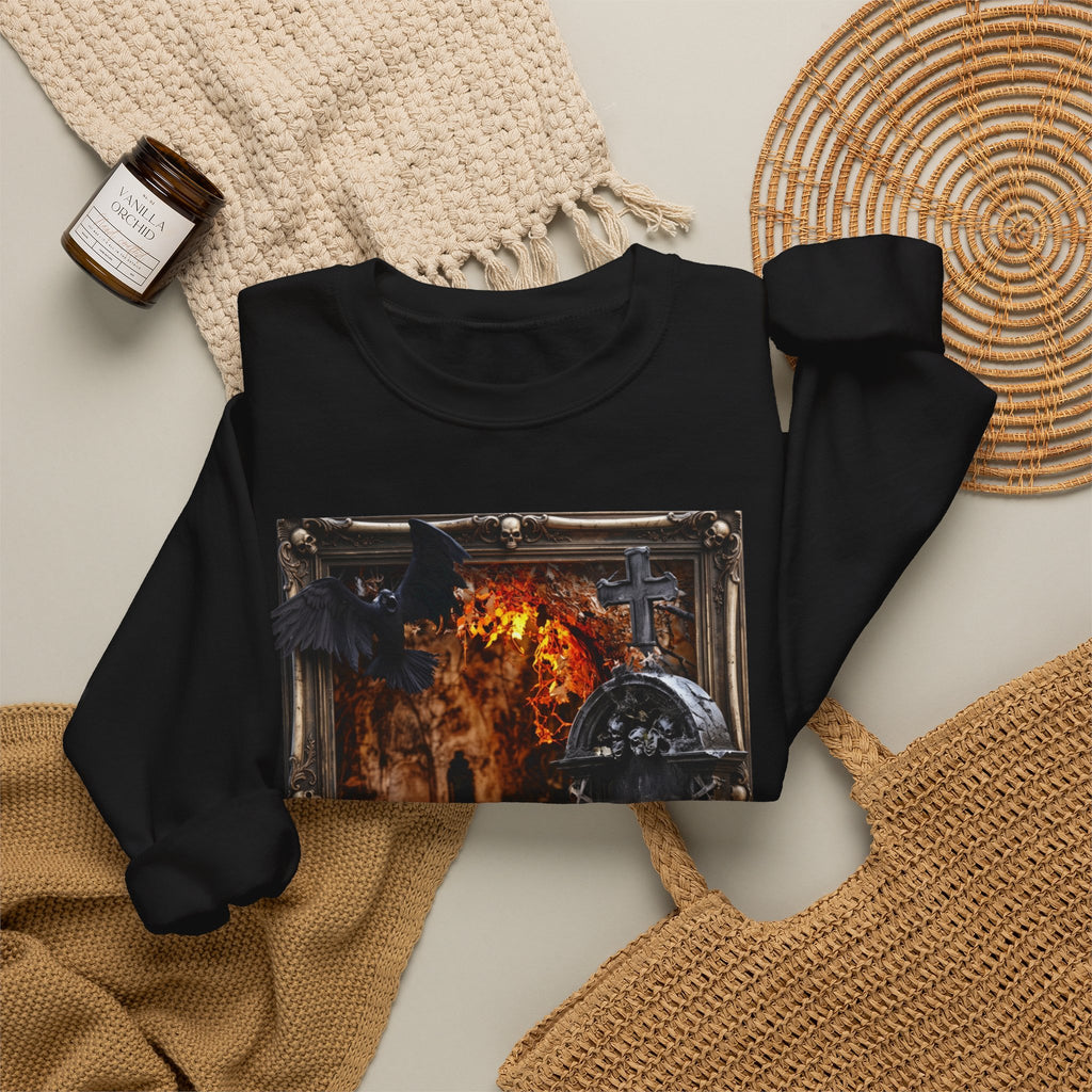 Black crewneck sweatshirt styled flat with a candle — framed stone tomb scene