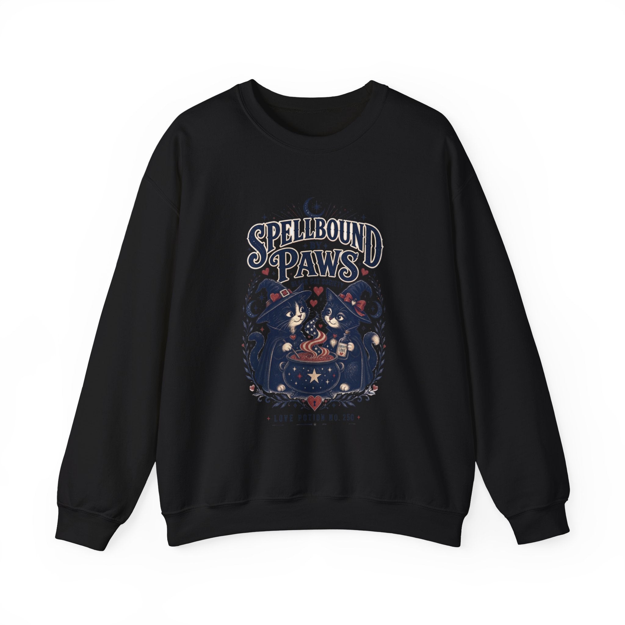 Black crewneck sweatshirt laid flat, printed with a two black cats in witch hats