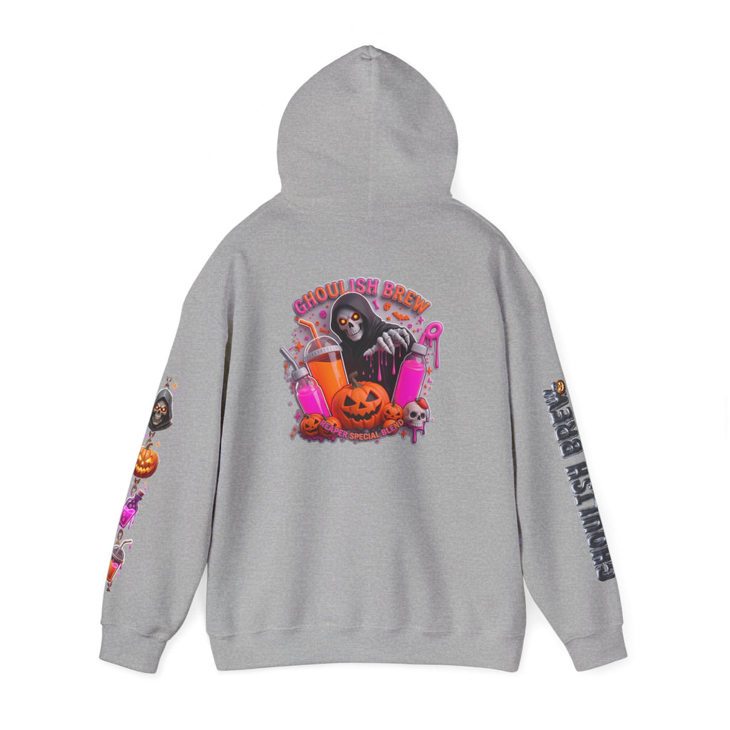 Sport Grey hoodie folded to show the potion co. halloween graphic of jack-o-lanterns and potion bottles print
