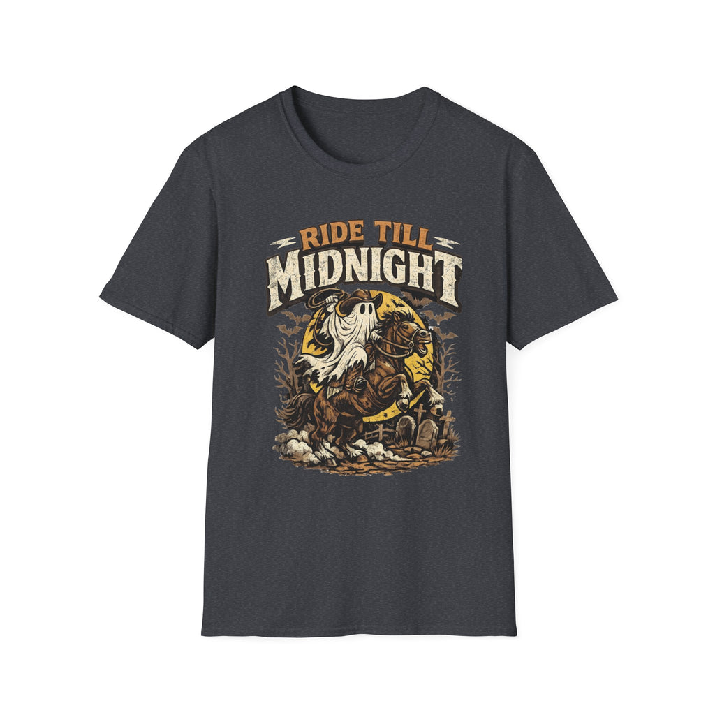 Dark Heather Grey t-shirt, plain back — sheet ghost on a rearing horse on the front