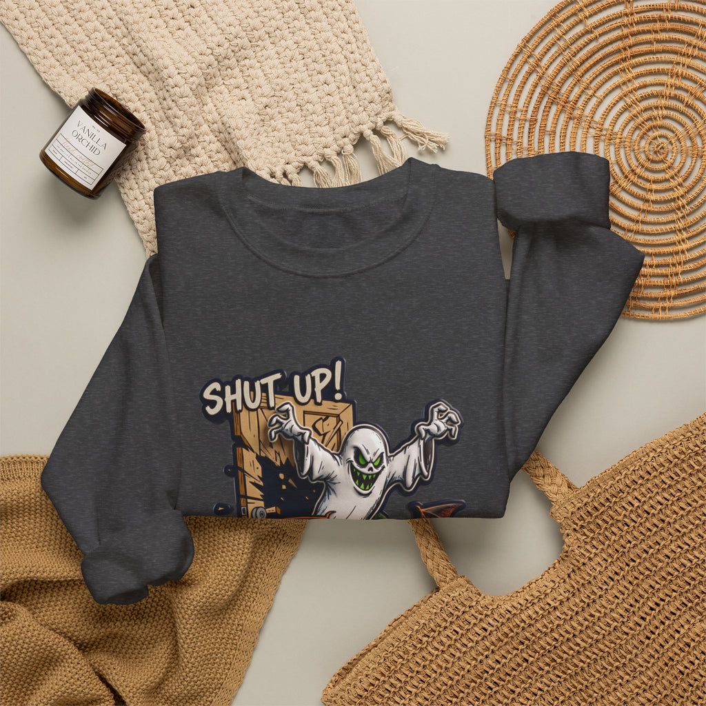 Dark Heather crewneck sweatshirt styled flat with a candle — green-eyed ghost with bat wings