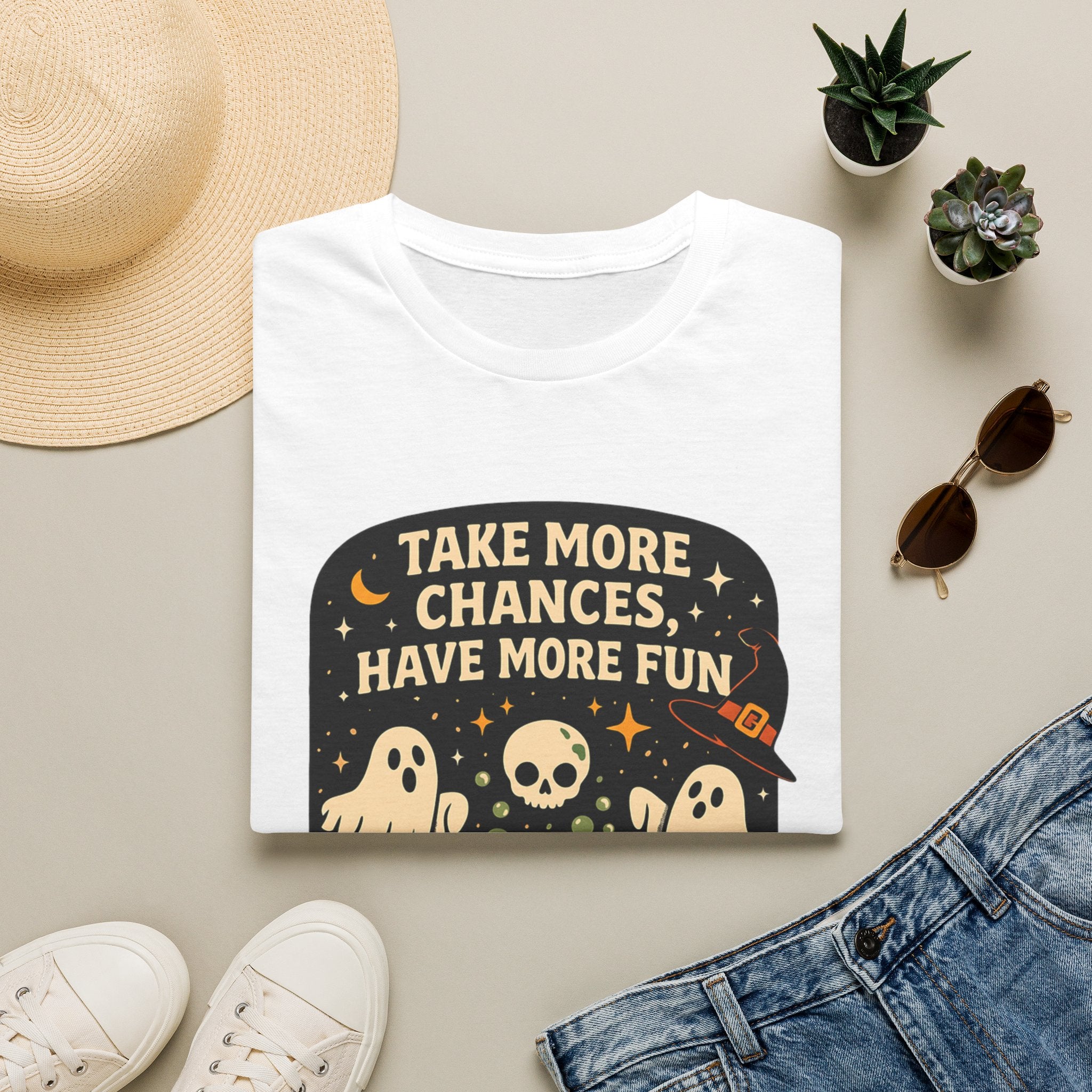 White t-shirt styled flat with a candle — two ghosts around a campfire