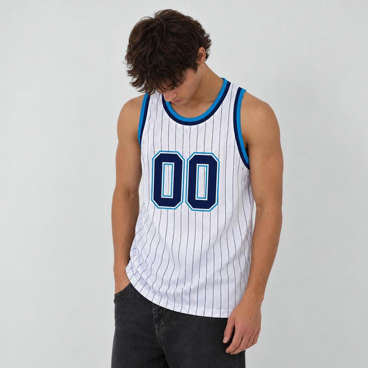 White Navy Pinstripe Basketball Jersey – Custom Team Name and Number