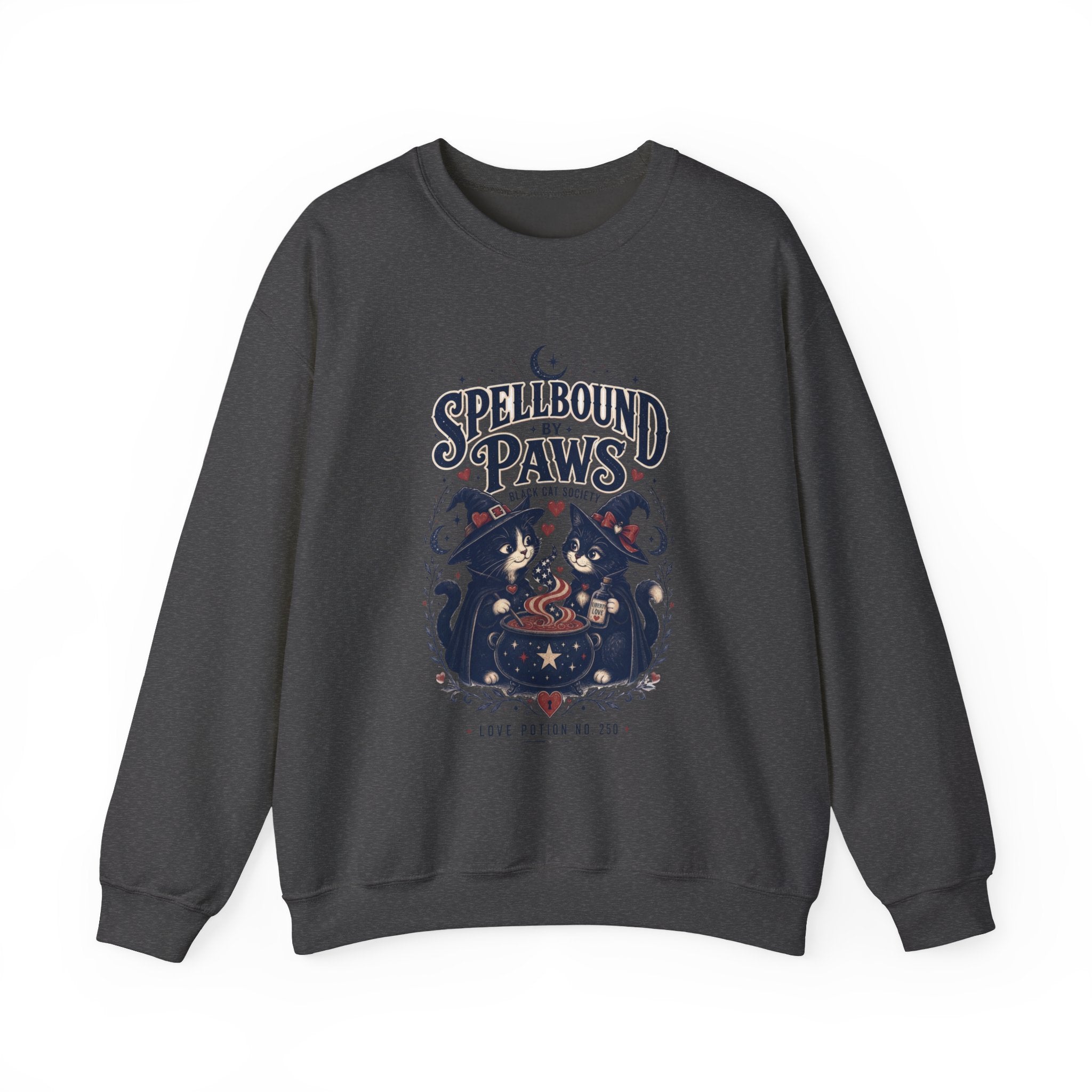 Dark Heather crewneck sweatshirt laid flat, printed with a two black cats in witch hats
